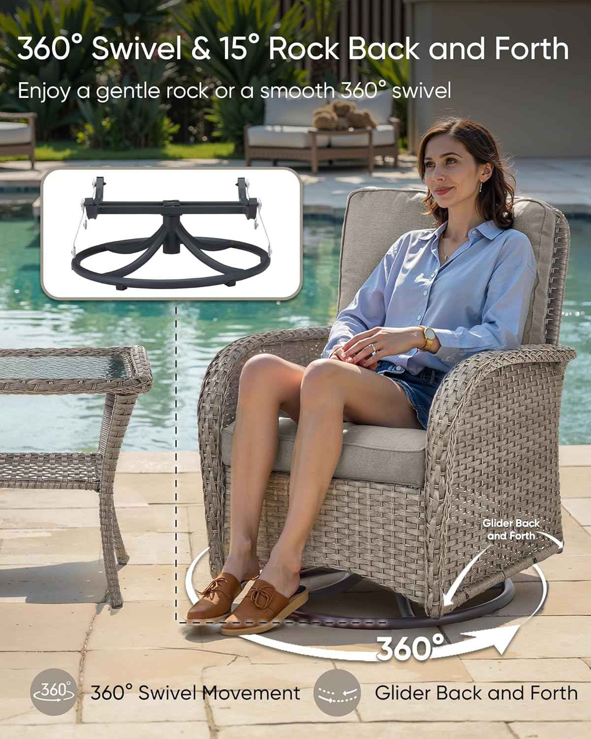 HUMMUH 3 Piece Outdoor Rocking Chairs Bistro Set-All Weather Wicker Outdoor Swivel Chairs Set of 2 with Side Table Small Patio Furniture Set for Porch Balcony Poolside-Grey/Grey