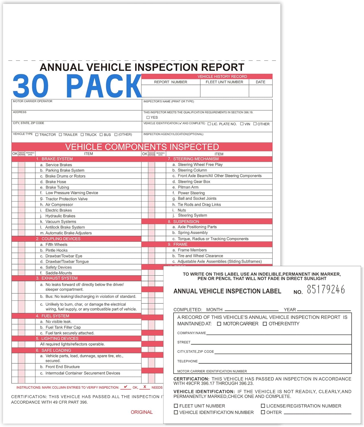 30-Pack Annual Vehicle Inspection Report Form & Adhesive Vinyl Label 2-Ply,3-Ply Carbonless Form DOT Compliant