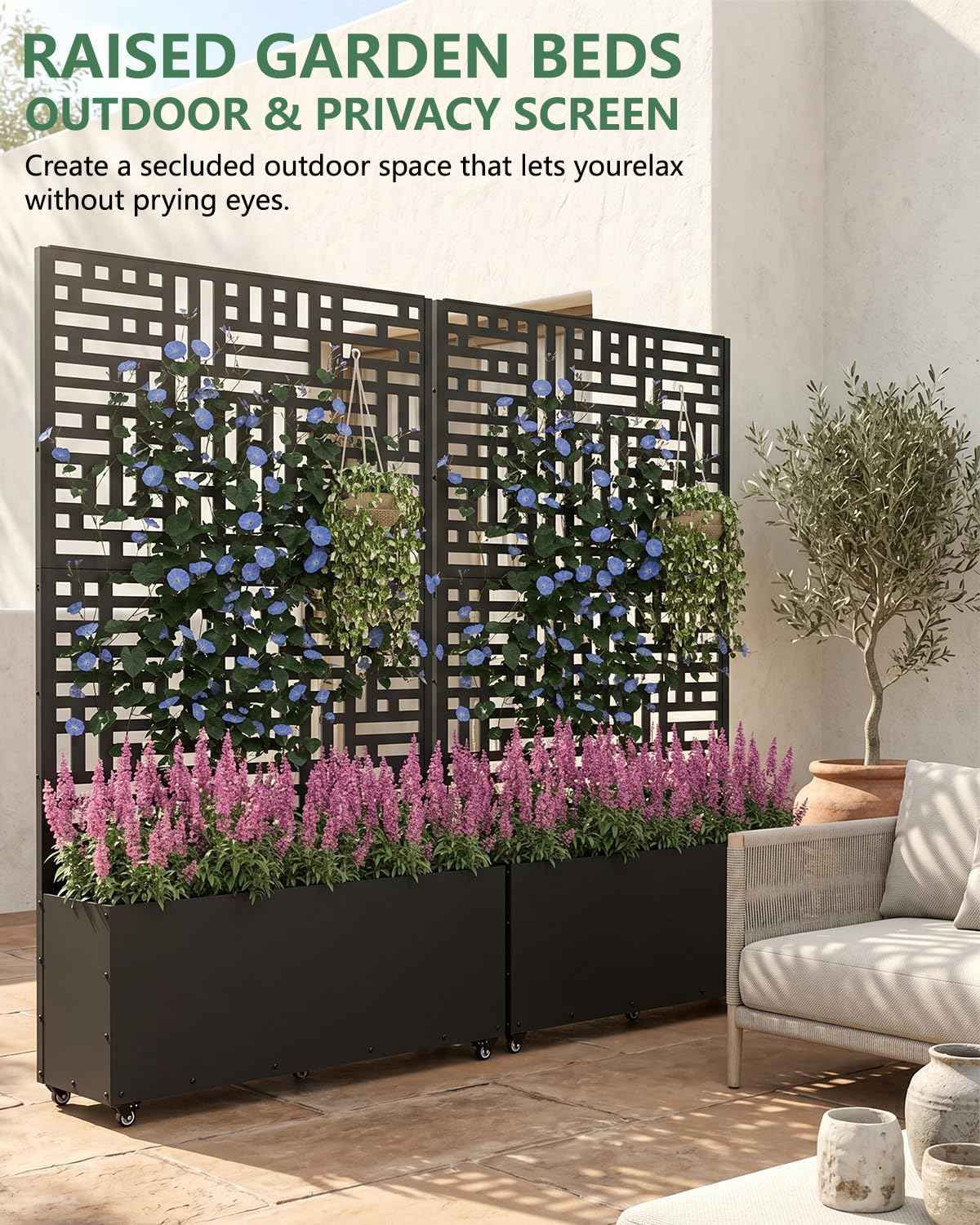 Metal Planter Box with Trellis,70.9"x47.2"x15.7" Raised Garden Bed with Drainage Holes, Privacy Planters for Outdoor Garden Bed for Climbing Plants,Vegetables,and Vines,Black-Modular