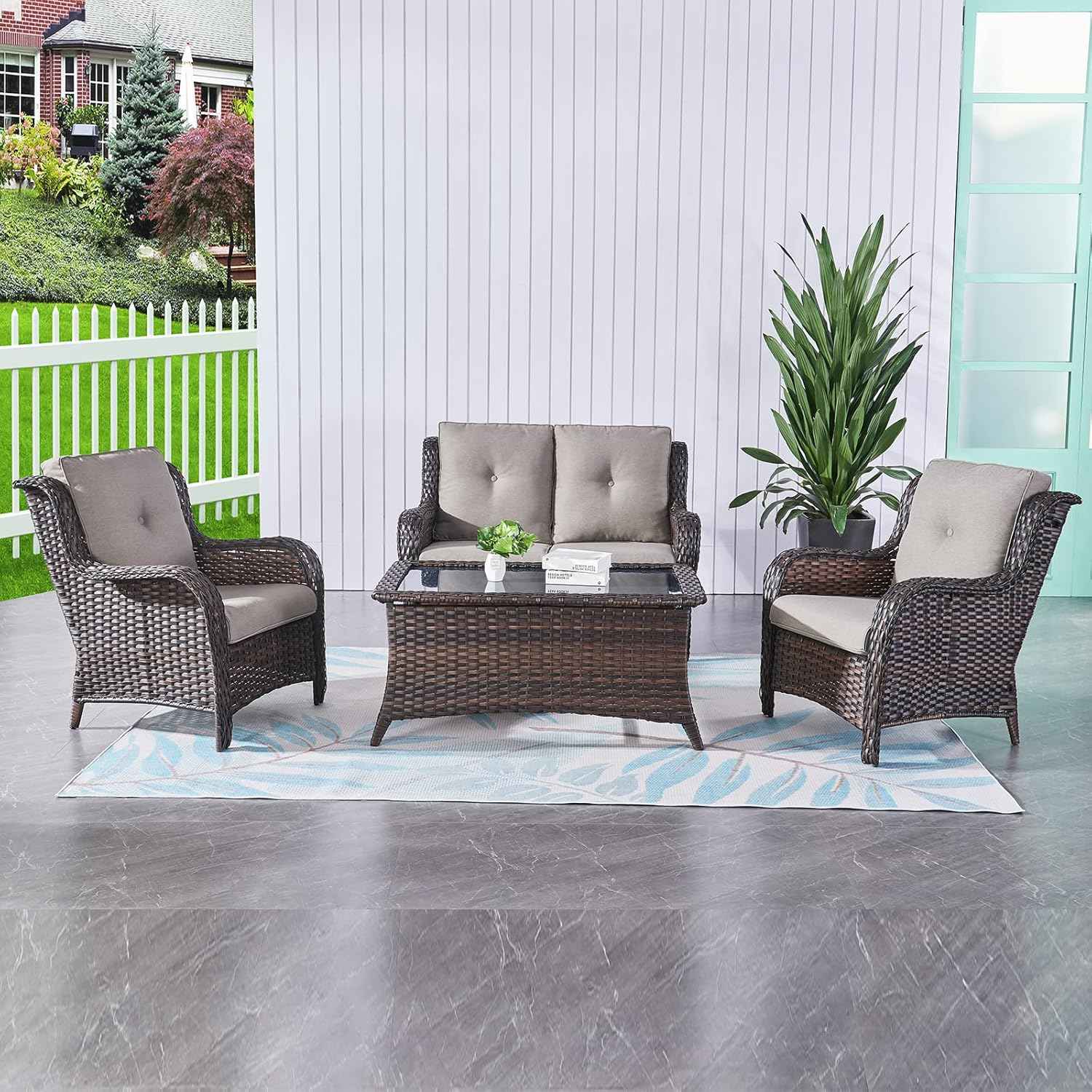 HUMMUH 4 Piece Patio Conversation Furniture Set PE Wicker Rattan Outdoor Loveseat Sofa,Patio Chairs,Coffee Table for Garden,Poolside,Backyard,Deck