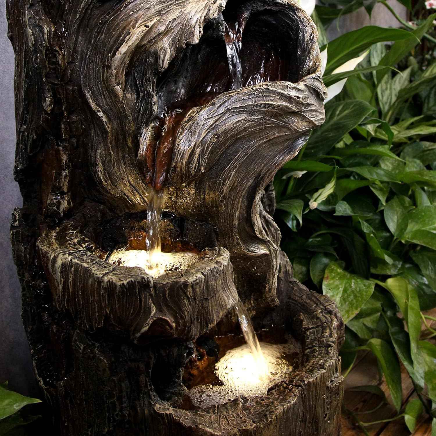 YZM Outdoor Floor Cascading Waterfall Tree Trunk Water Fountains Patio Porch Backyard Garden Fountain with LED Lights Pump 3 Tiers Water Feature 33.46 Inch Height