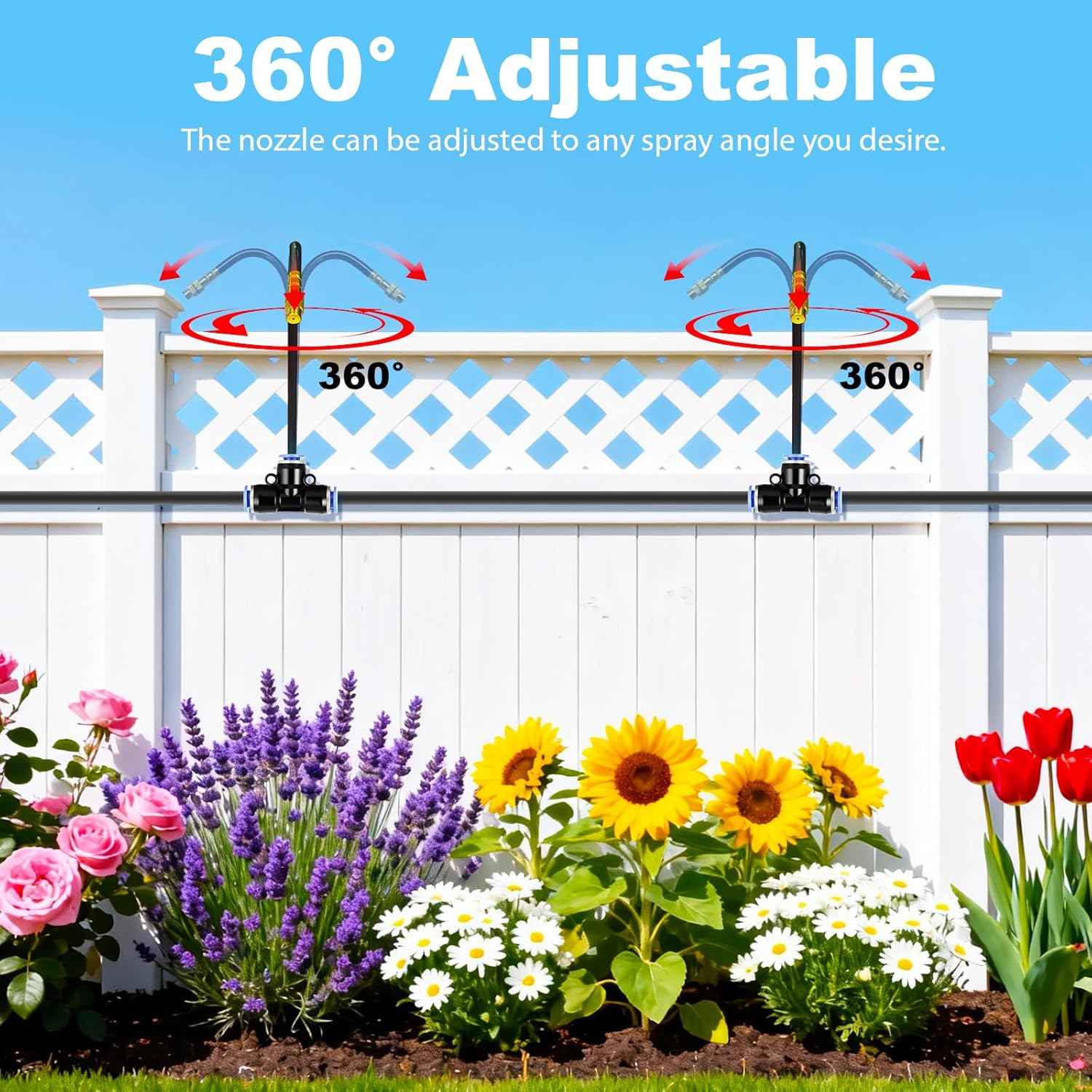 Thiswing 100FT 360° Adjustable Irrigation System for Garden – 1/4" Tubing with 18 Nozzles, Watering Misting System, Sprinkler for Garden, Raised Bed, Lawn, Plants