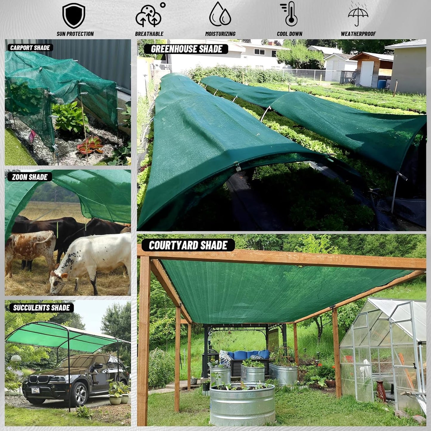 Cool Area 40% 6.5x10ft Sunblock Shade Cloth Cover Mesh UV Resistant Net for Garden Flower Plant Greenhouse, Green