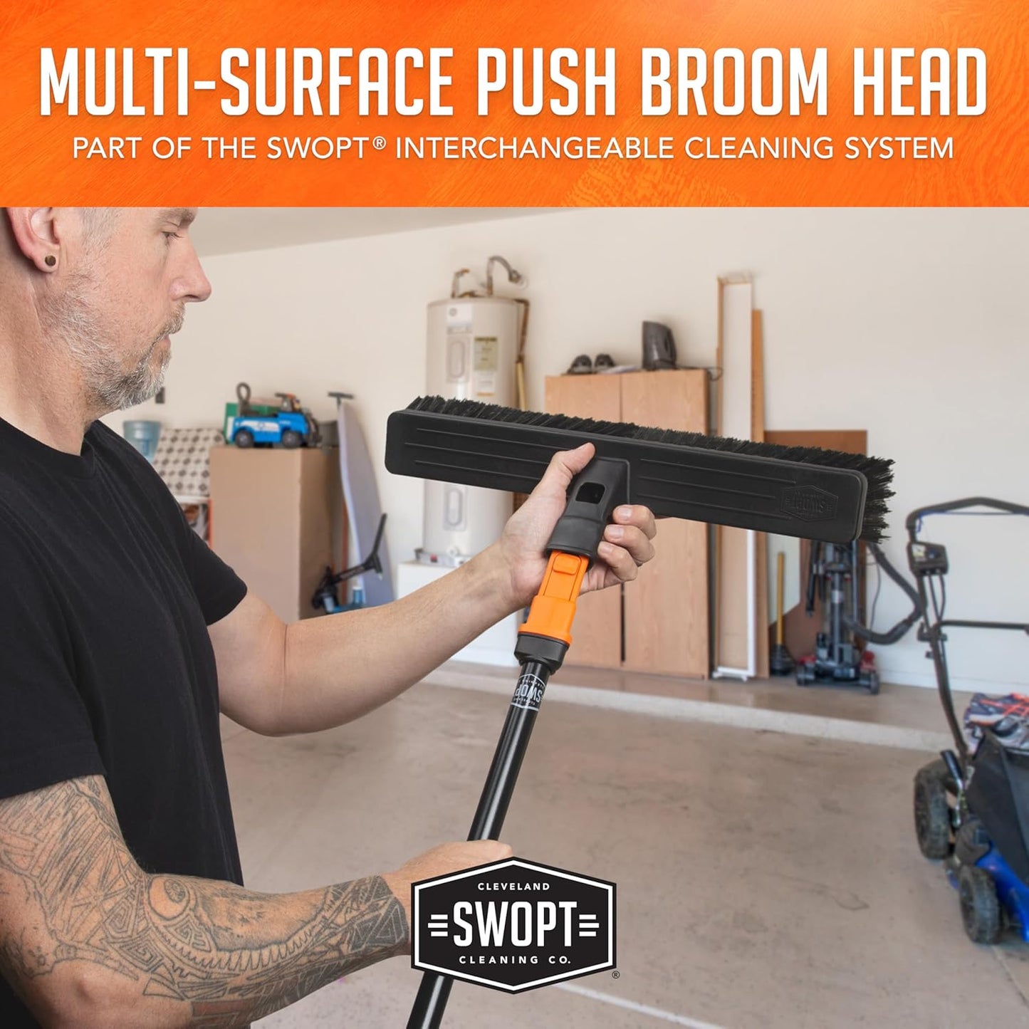 SWOPT 18” Standard Multi-Surface Push Broom Head — Indoor and Outdoor Push Broom — Cleaning Head Interchangeable with All SWOPT Cleaning Products for More Efficient Cleaning and Storage