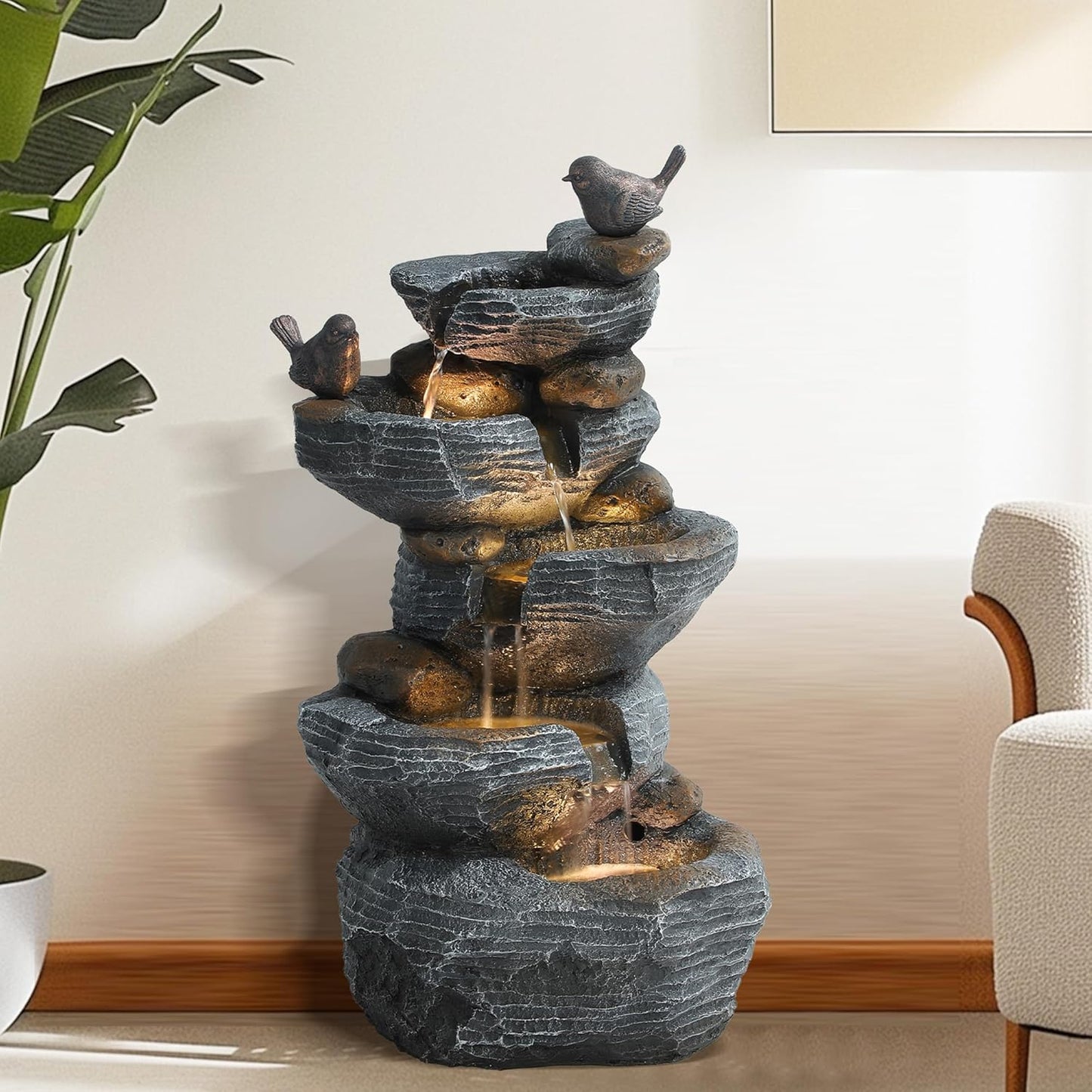 5-Tiers Cascading Rock Water Fountain Outdoor - Waterfalls Fountains with LED Lights, Outdoor/Indoor Resin Water Feature Fountain for Patio, Garden, Backyard, Deck, Porch, Home Docor