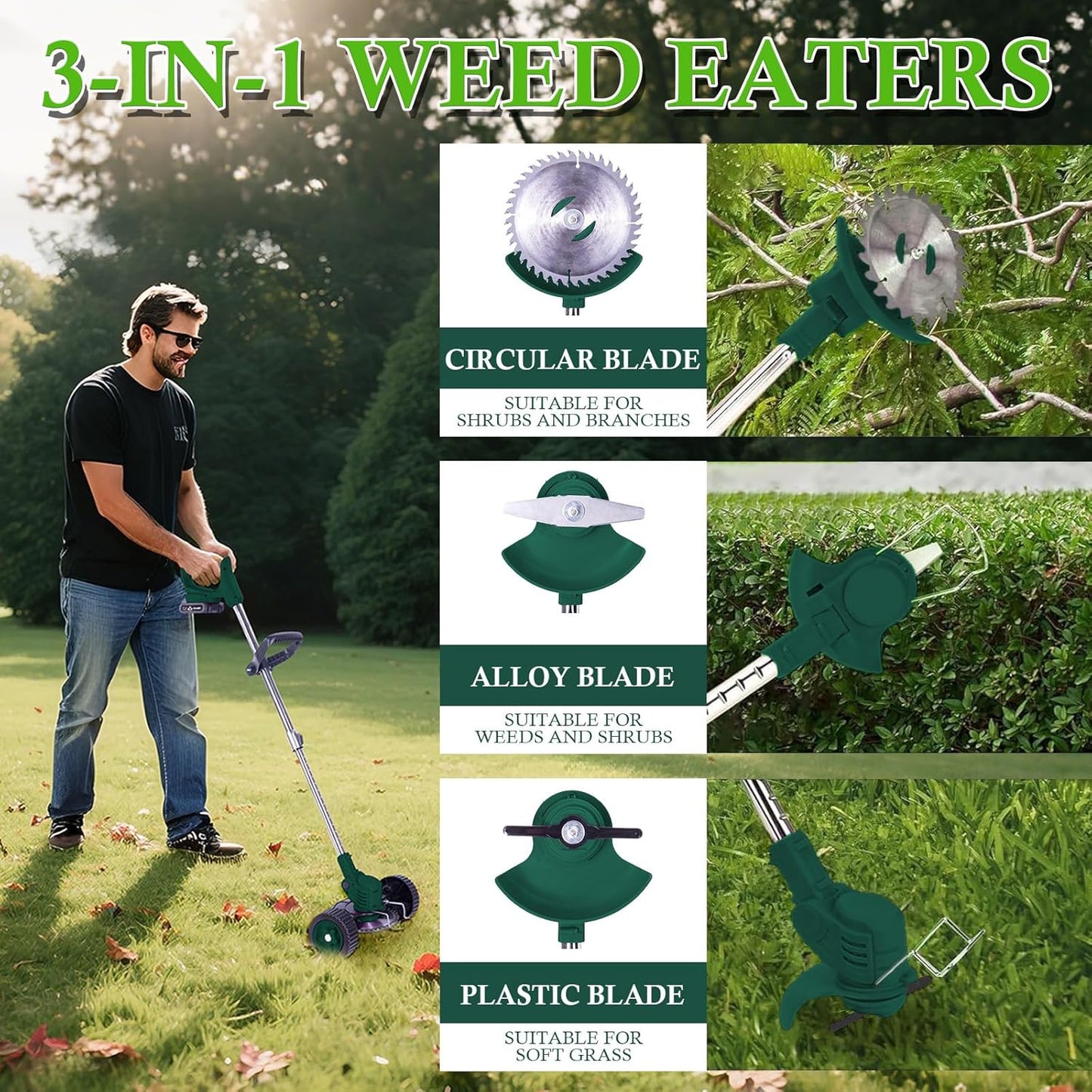 Weed Wacker Cordless Adjustable Weed Eaters 3 in 1 Electric String Trimmer Lawn with Two Battery with Charger Comes with Multiple Blades for Yard,Green,Garden(Green)