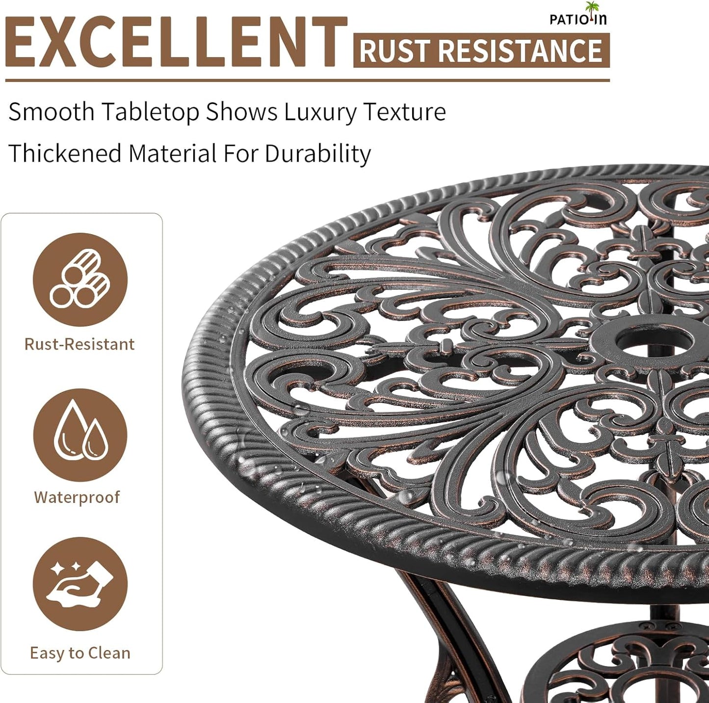 Patio Bistro Set 3 Piece Cast Aluminum Bistro Set, Outdoor Bistro Table and Chairs Set of 2 with Umbrella Hole for Porch, Lawn, Garden, Backyard, Pool (Brown)