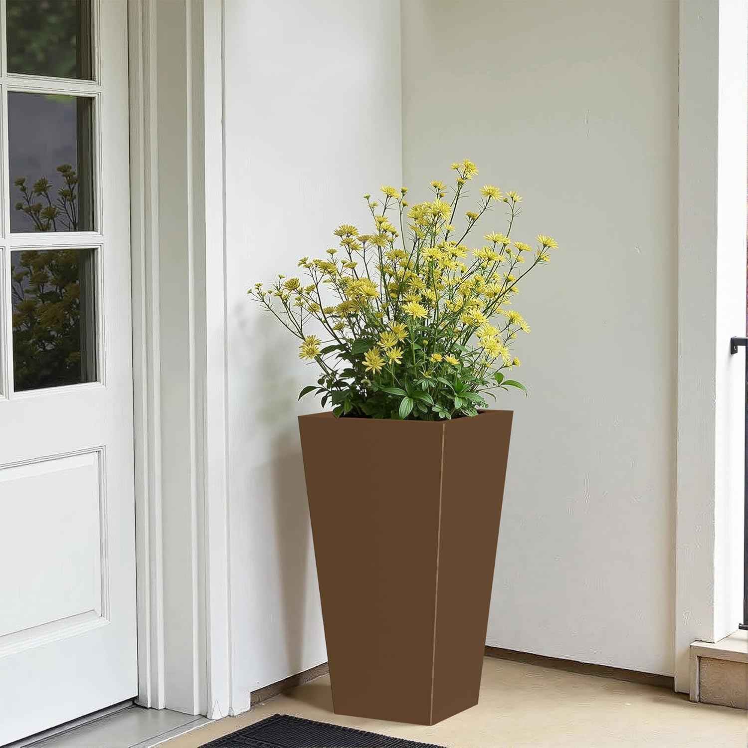 Casaphoriar 28 Inch Tall Metal Planter Box Set of 2, Weather-Resistant Indoor/Outdoor Flower Pots with Removable Inner Shelf, Perfect for Patio, Garden, and Balcony Decor, Brown
