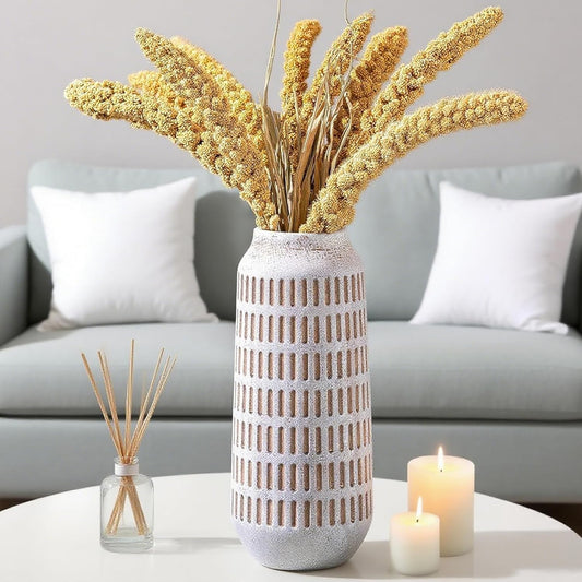 Rustic Ceramic Flower Vase, Terracotta Farmhouse Decorative Vintage Vases, Stone Clay Floral Vase, Concrete Grey Home Decor Vases for Living Room, Entryway, Kitchen, Bedroom, Bathroom Shelf 9.6 Inch