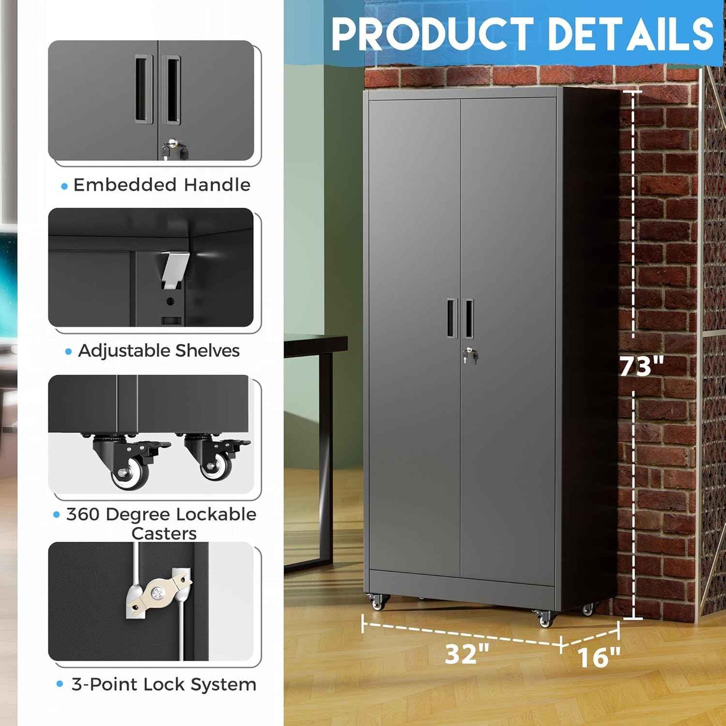 Greenvelly Metal Garage Storage Cabinet with 4 Swivel Wheels, 73” Black Storage Cabinet on Wheels, Rolling Tool Cabinet with Locking Doors and Shelves for Garage, Basement, Home, Warehouse