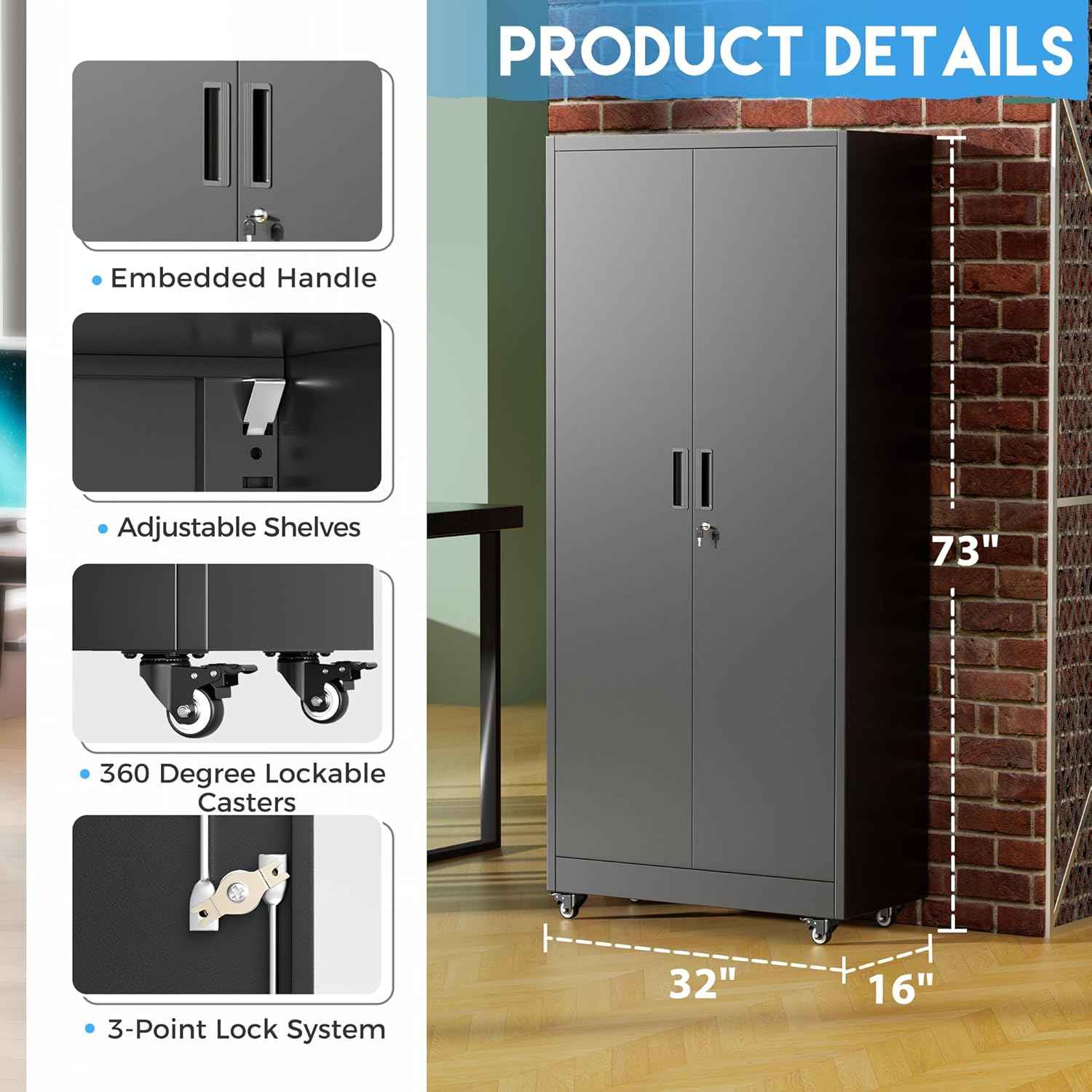 Greenvelly Metal Garage Storage Cabinet with 4 Swivel Wheels, 73” Black Storage Cabinet on Wheels, Rolling Tool Cabinet with Locking Doors and Shelves for Garage, Basement, Home, Warehouse