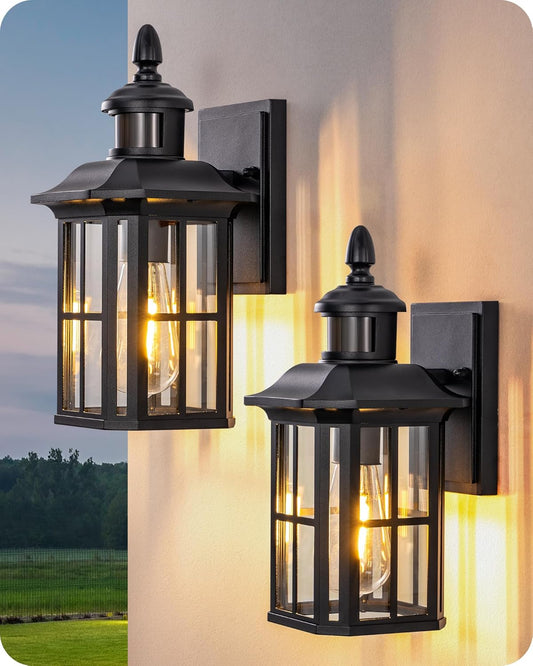 EDISHINE 2 Pack Motion Sensor Outdoor Wall Lights, Dusk to Dawn Exterior Lighting Fixture, Modern Porch Light Wall Mount, Clear Water Glass, Anti-Rust Aluminum for Front Door Garage, Patio, Black