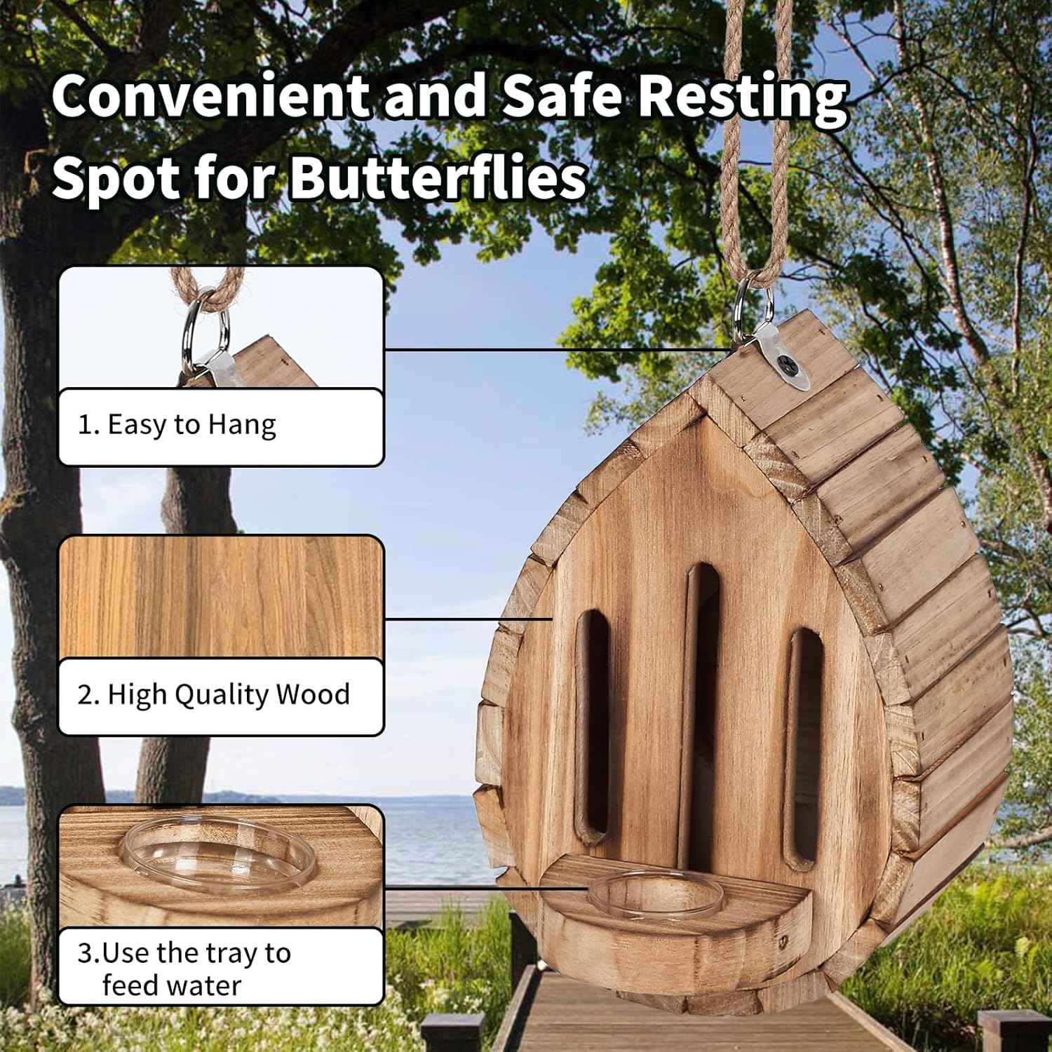 Butterfly House Butterfly Habitat Garden - Wooden Butterfies Houses with Feeder Hanging Garden Decoration Natural Nesting Box for Butterflies Bugs Moths & Lacewings