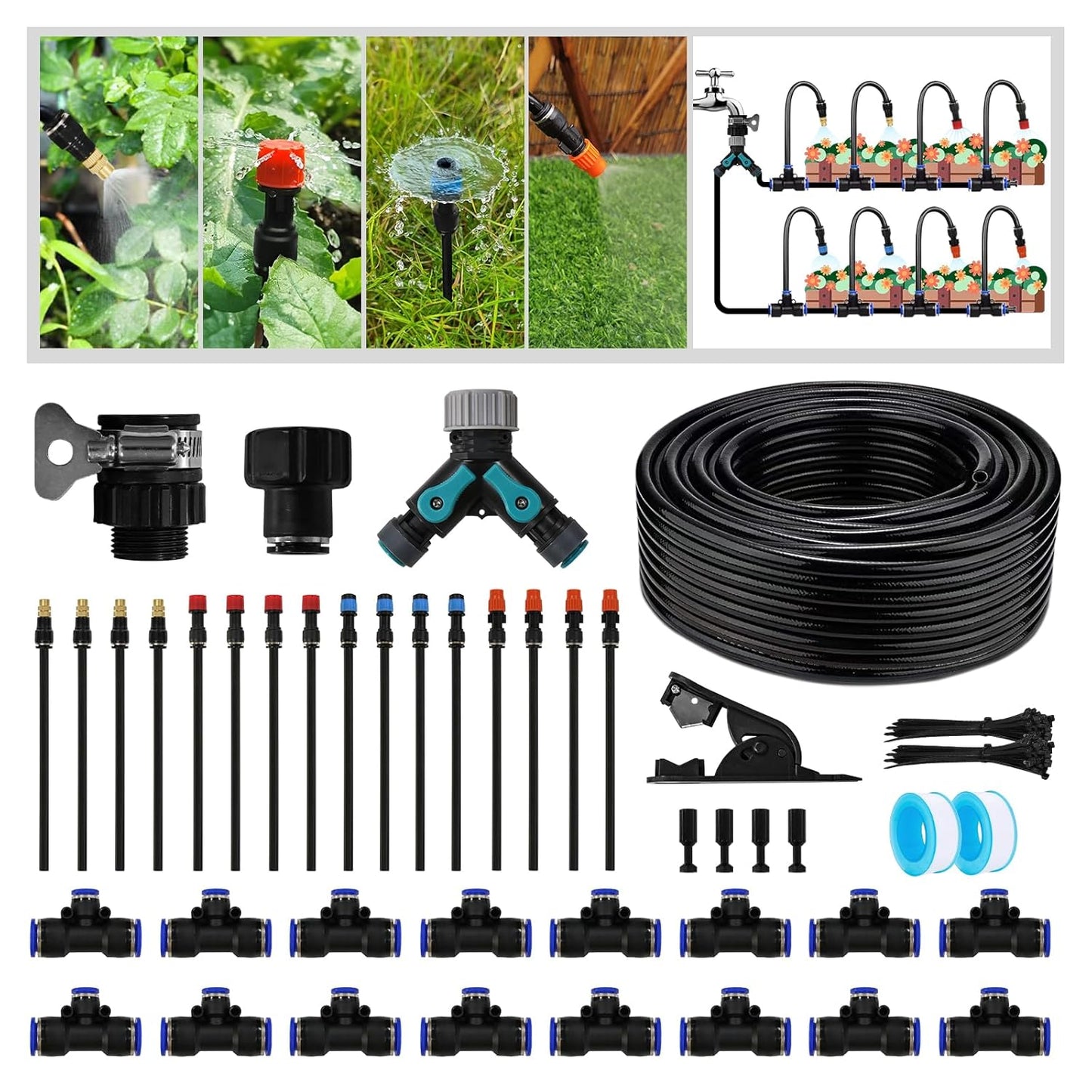 Drip Irrigation Kit - 100 FT. Hose Sprinkler System with 360° nozzles and T-connectors for Gardens, lawns, Plants, Flower beds, Trees, patios and hydroponics (16 360° nozzles + 16 T-connectors)