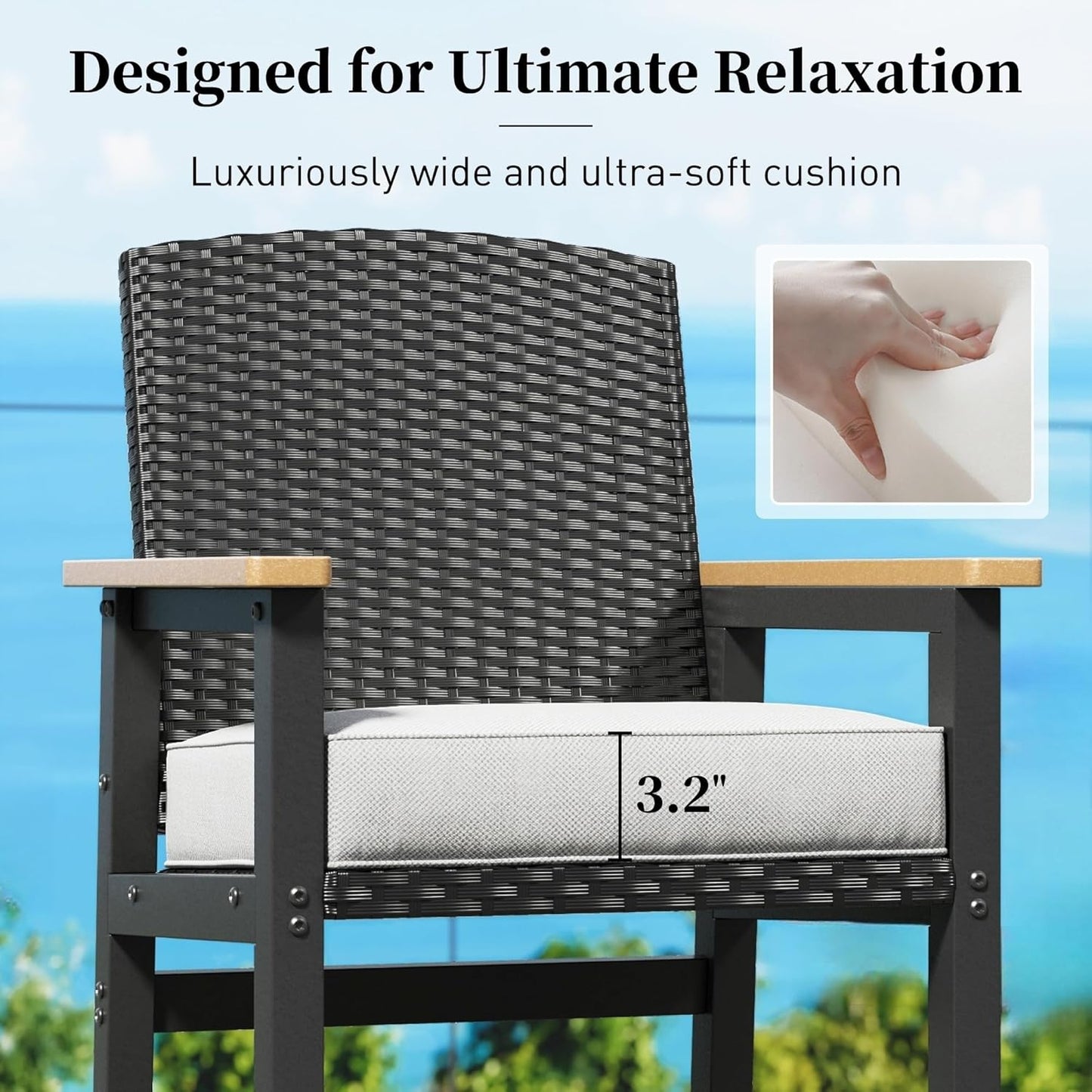 SUNSHINE VALLEY Outdoor Bar Set 3 Piece, All Weather HDPE High Top Table and Wicker Bar Chairs with 3.2” Cushion, Bar Height Patio Set for Backyard Poolside, Black