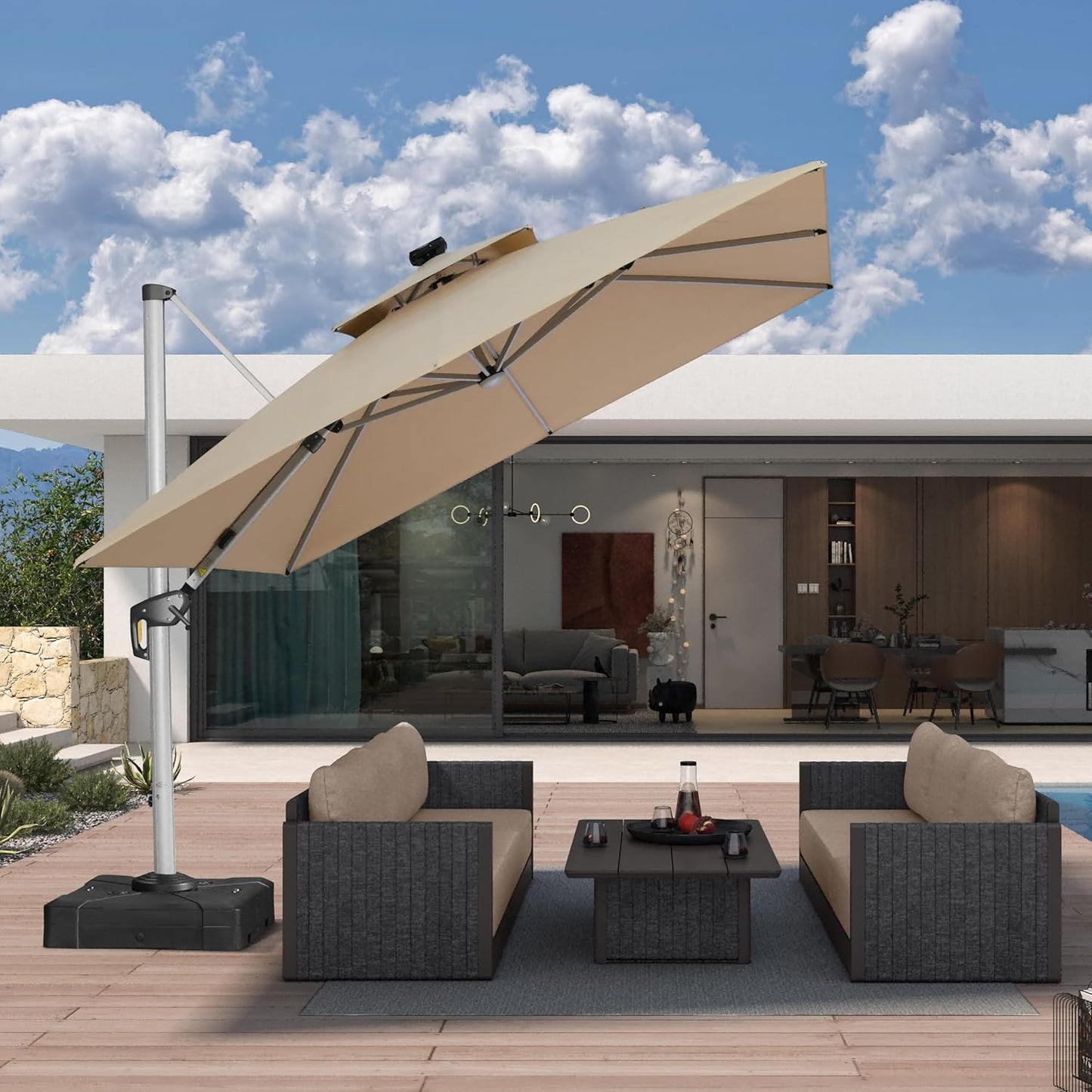 PURPLE LEAF 10' X 10' Solar Powered LED Patio Large Umbrella Offset Double Top Hanging Umbrella Outdoor Market Umbrella for Garden, Deep Beige