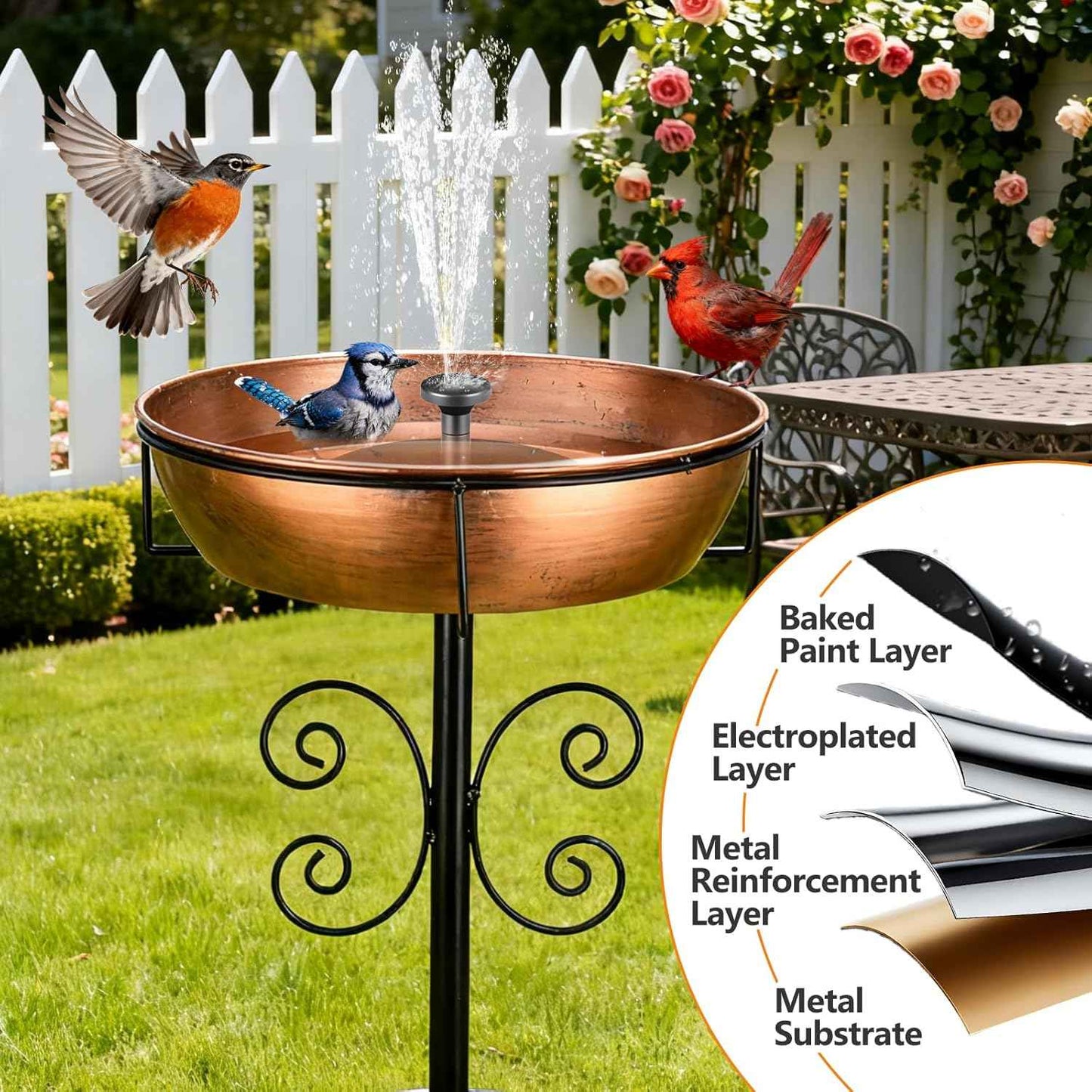 3" Deep 43" Tall Metal Bird Bath for Outdoors, 12" Dia Removable Bird Baths Water Bowl for Outside, Vintage Standing Birdbaths with Stable Stake for Garden Yard Lawn Decor 1.4 Gallon