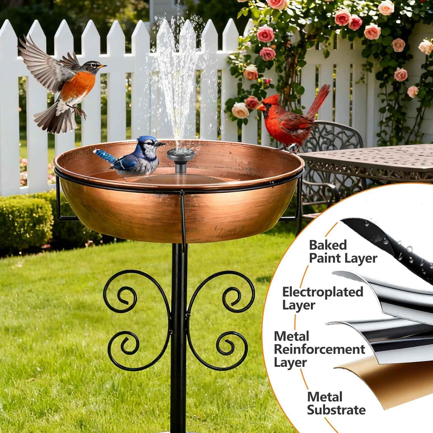 3" Deep 43" Tall Metal Bird Bath for Outdoors, 12" Dia Removable Bird Baths Water Bowl for Outside, Vintage Standing Birdbaths with Stable Stake for Garden Yard Lawn Decor 1.4 Gallon