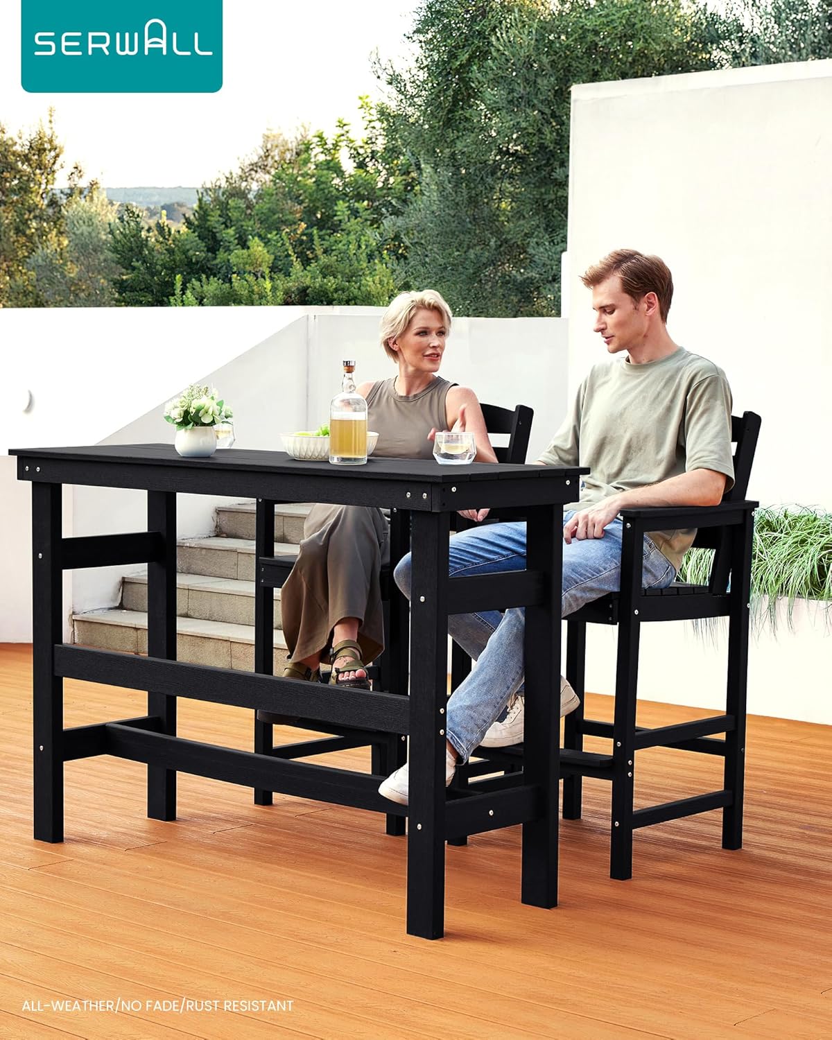 SERWALL Outdoor Bar Table and Chairs Set, Adirondack Bar Chairs Set of 2 and Bar Height Table, All Weather HDPE Outdoor Patio Bar Set, Outdoor Furniture for Outside, Poolside, Backyard, Garden, Black
