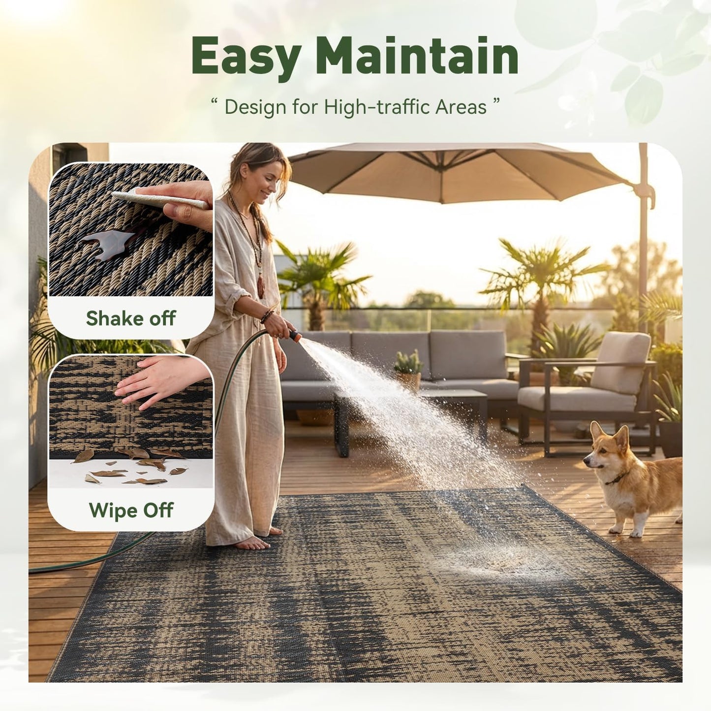 MontVoo Outdoor Rug Waterproof 5x8 ft Outdoor Carpet Patio Rug Mat Reversible RV Camping Rug Plastic Straw Outside Rug for Balcony Porch Deck Picnic Beach Modern Black Brown