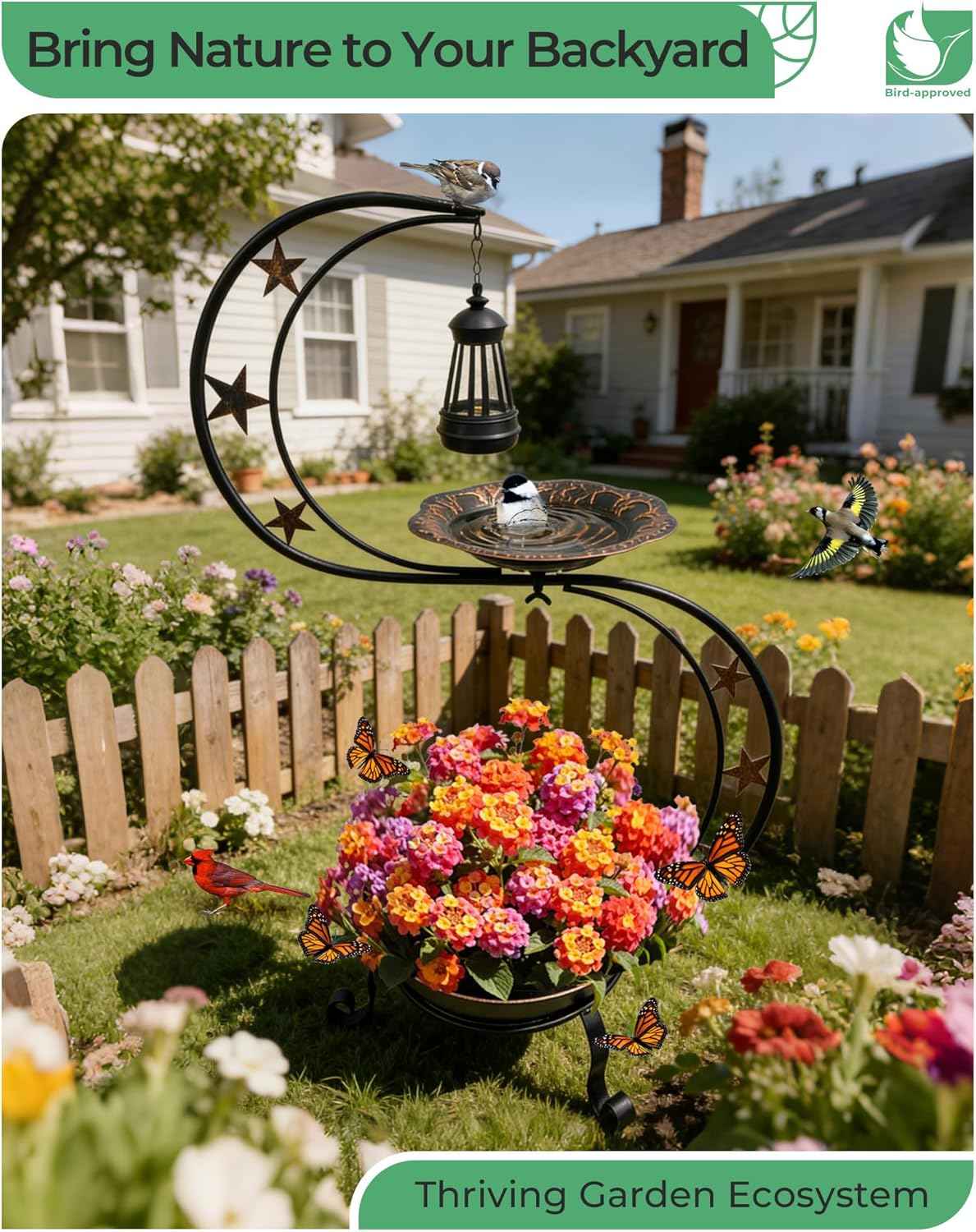 Solar Bird Bath for Outside, Vintage Metal Bath Bowl Standing Birdbaths with Flower Planter for Garden Yard Lawn Decor
