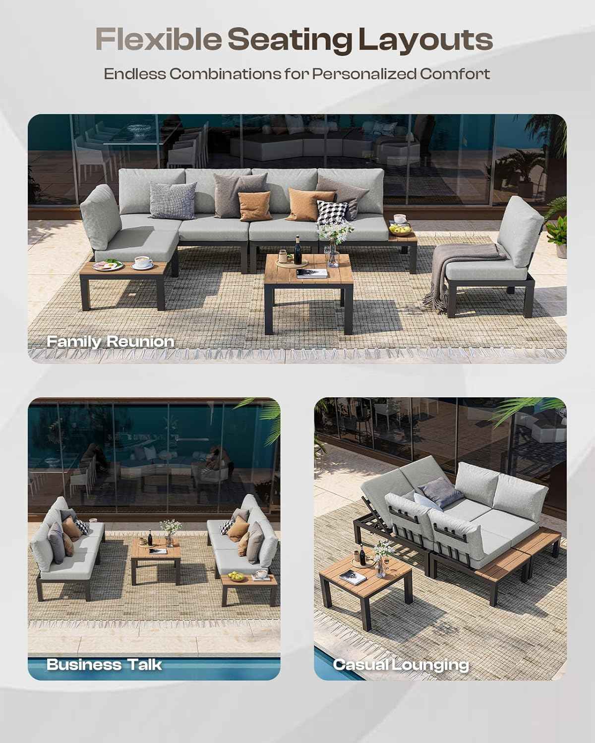 Aluminum Modular Outdoor Patio Furniture Set, 6 Seats Patio Sectional Sofa Set with Adjustable Backrest & Thick Cushions, All-Weather Conversation Sets with Table for Garden & Yard, Gray