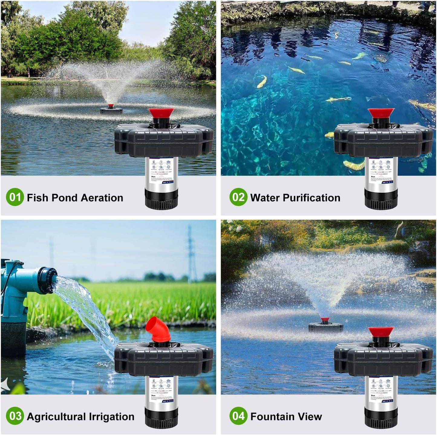 Pond Fountain Aerator 1HP 110V 750W - pond fountain- pond aerator 15,000 GPM - Includes 100-foot Power Cord - Features Tow Rope Steel Anchoring Pin Timer - Suitable for Ponds and Lakes