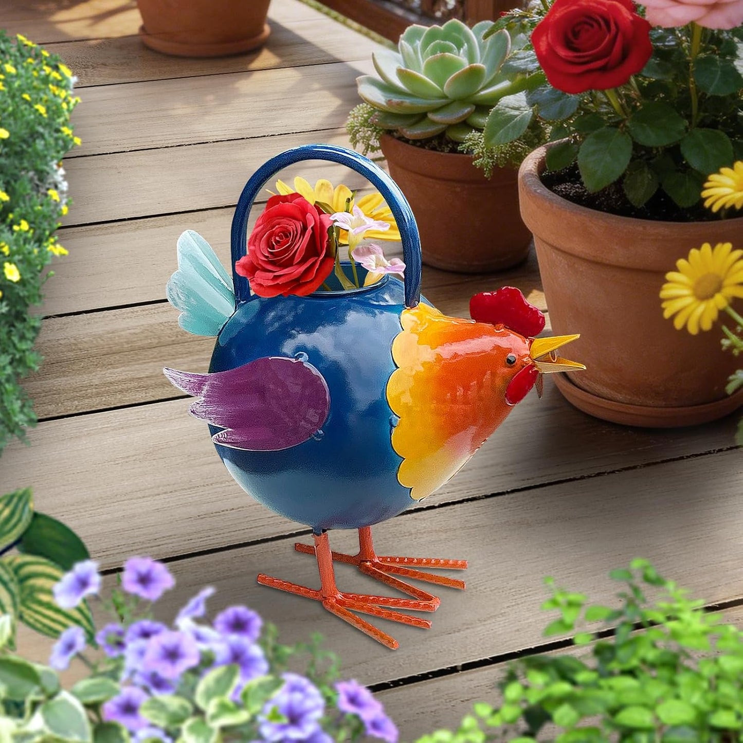 Metal Rooster Watering Can, Cute Watering Can for Indoor/Outdoor Plants, Durable Water Tool with Sturdy Handle, 0.5 Gallon Water Pot for Garden Decor