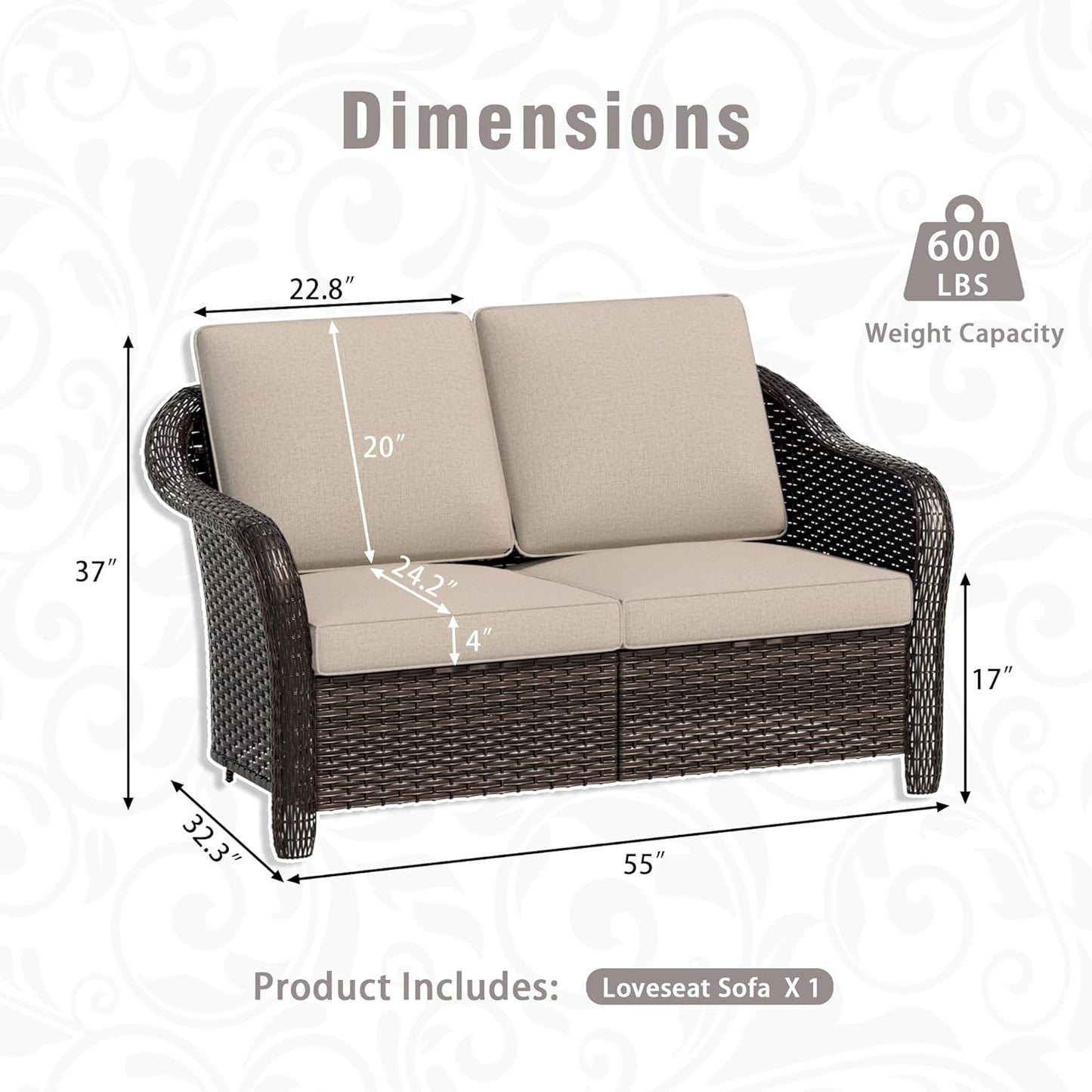 3 Piece Patio Wicker Conversation Set, All-Weather Use Outdoor Wicker Loveseat with 2 PE Rattan 360 Swivel Chair, Ideal for Porch, Backyard, Balcony, Poolside, Beige