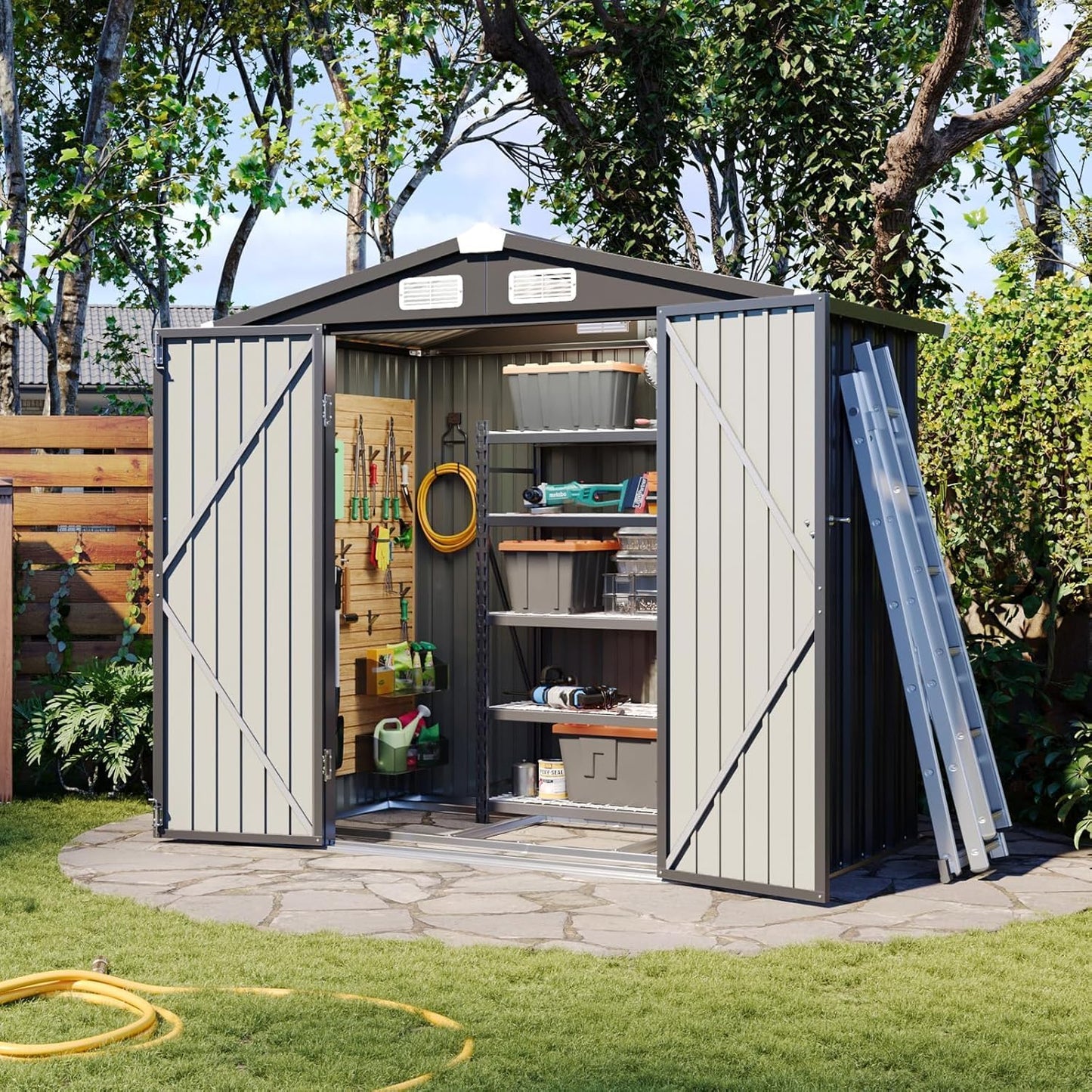Aoxun 6'x4' Outdoor Storage Shed with Base Galvanized Steel Metal Garden Shed for Patio, Lawn & Garden Black, 6' x 4'W/Base
