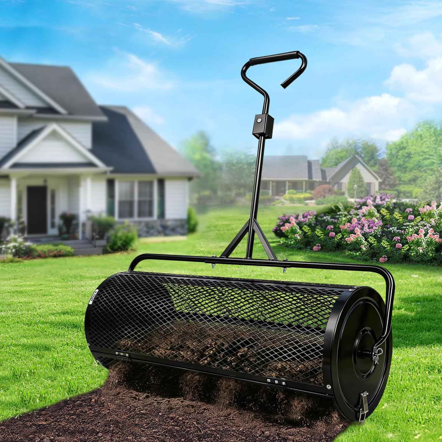 Compost Spreader 44 Inch Push/Tow Peat Moss Spreader with Installation Support, Powder-Coated Metal Mesh Roller Spreader for Manure , Lawn Care, Garden Spreading, Top Dressing & Mulch - Soil Spreader