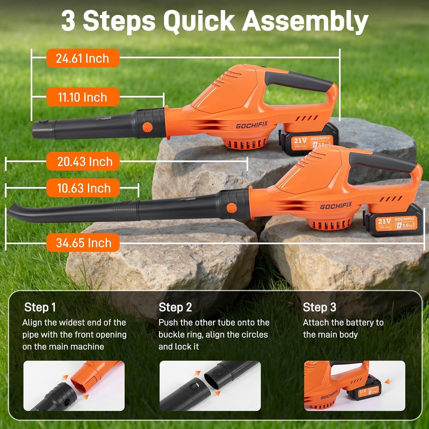 GOCHIFIX Leaf Blower Cordless, 2 * 21V 3.0Ah Battery and Charger, 5 Speed Levels, Lightweight 180 CFM 130 MPH Electric Powered Blower w/Extension Tube for Patio Lawn Care, Leaf Dust Blowing