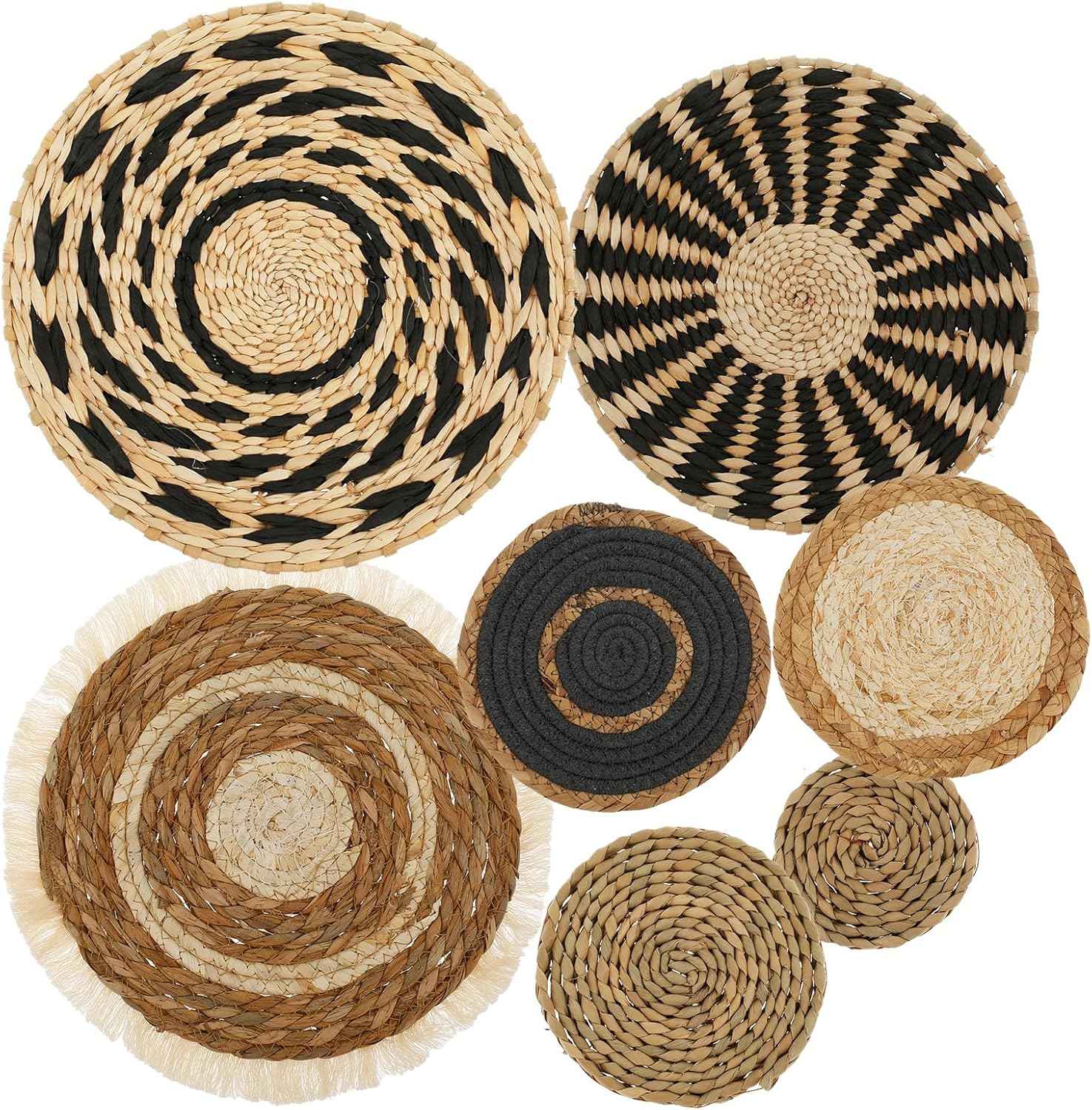 7 Pack Boho Wall Basket Decor,Seagrass Rattan Wicker Boho Wall Decor,Hanging Woven Wall Basket Decor,Round Flat Seagrass Baskets Wall Art, Round Wall Art for Farmhouse Bedroom Living Room Display