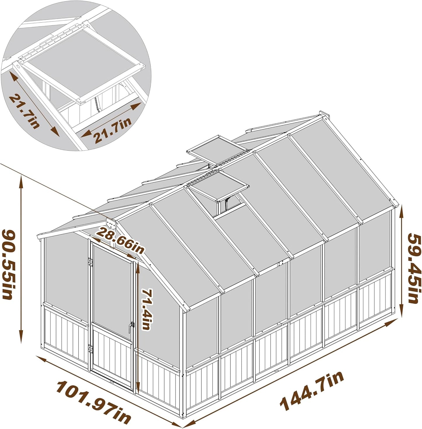 8x12 FT Greenhouse Kit with 6MM Thick Polycarbonate Panel for Outdoor, Wooden Walk-in Green House with Adjustable Roof Vent and Lockable Door, Backyard, Garden, Light Mocha Brown