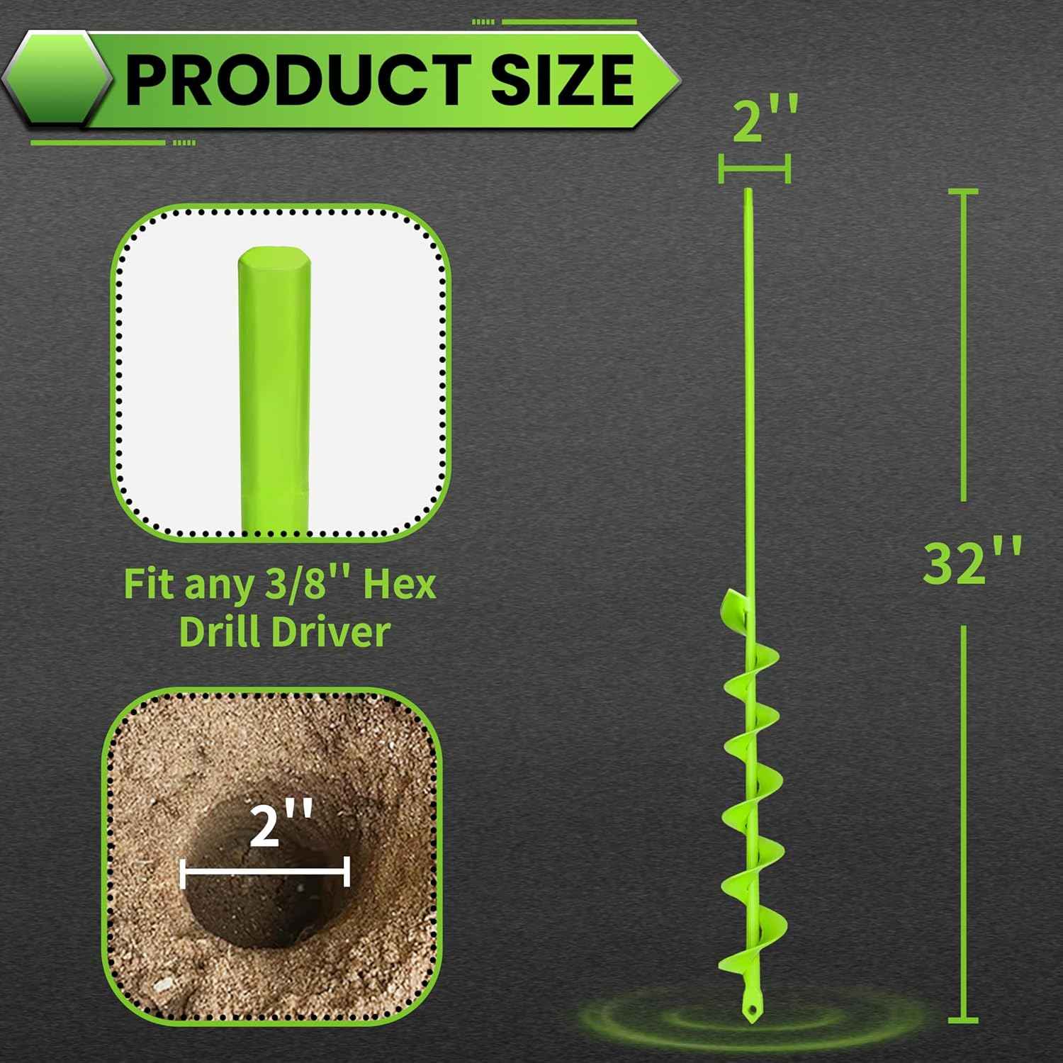 Auger Drill Bit for Planting - 2" X 32" Heavy-Duty Garden Auger Spiral Drill Bit - Bulb Planter Tool - 3/8" Hex Drive Drill