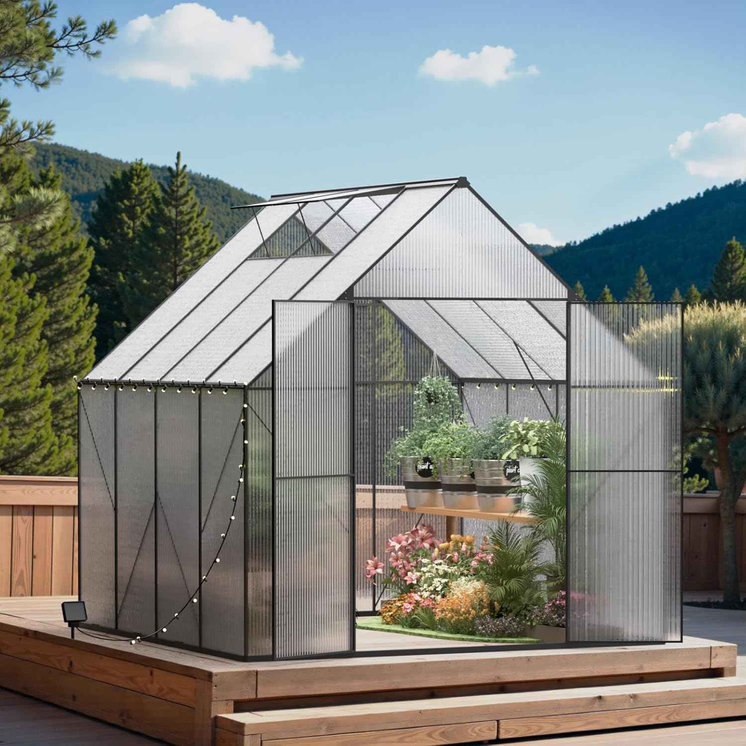 Greenhouse for Outdoors, Heavy Duty Polycarbonate Greenhouse, Walk in Greenhouses for Outdoor Garden Backyard with Roof Vent (8x8 FT)