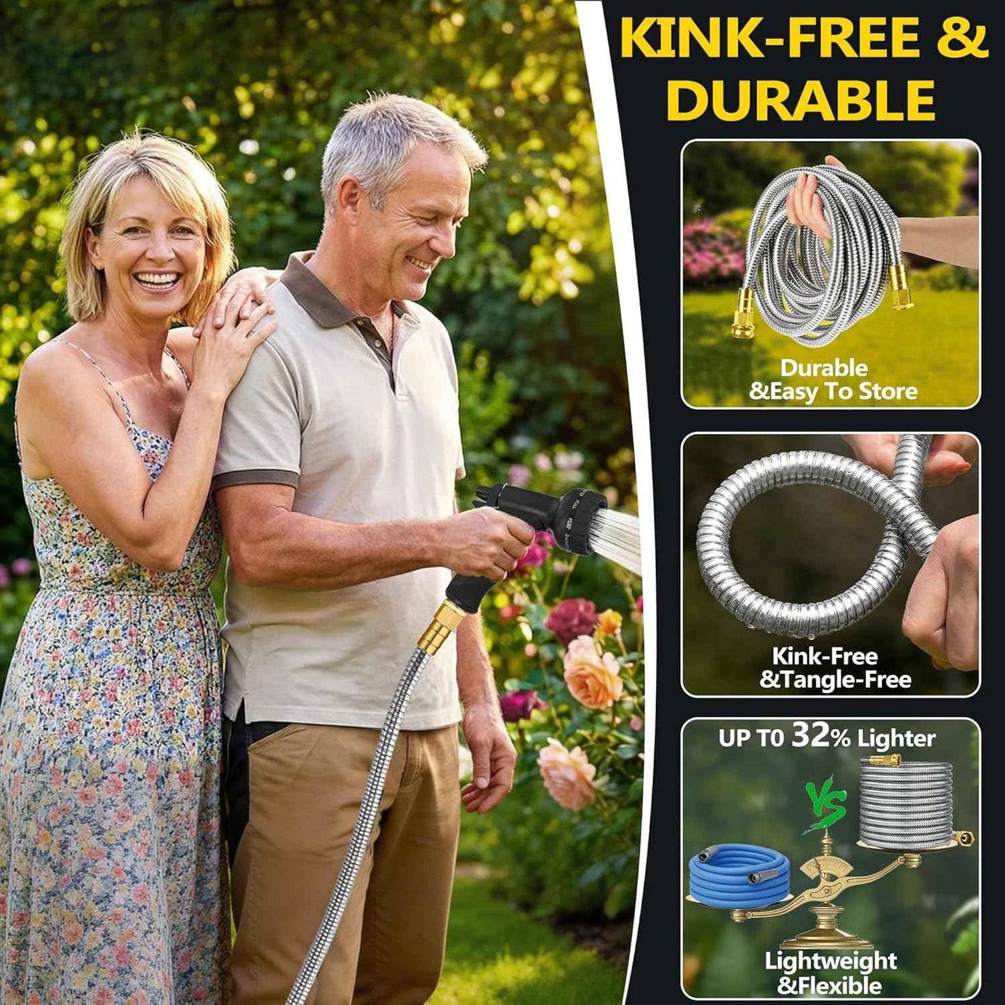 200Ft Stainless Steel Garden Hose – 2026 New Upgraded Metal Water Hose, Flexible with Latex Core, 3/4" Solid Brass Connector, Non-Expandable