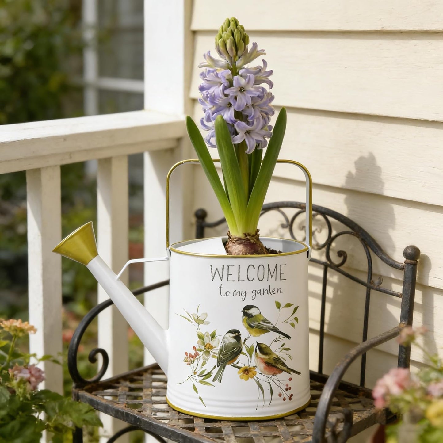 Vintage Decorative Metal Watering Can - Welcome to My Garden with Charming Bird & Floral Design, Rustic Farmhouse Watering Pot Planter for Indoor/Outdoor Plant Care