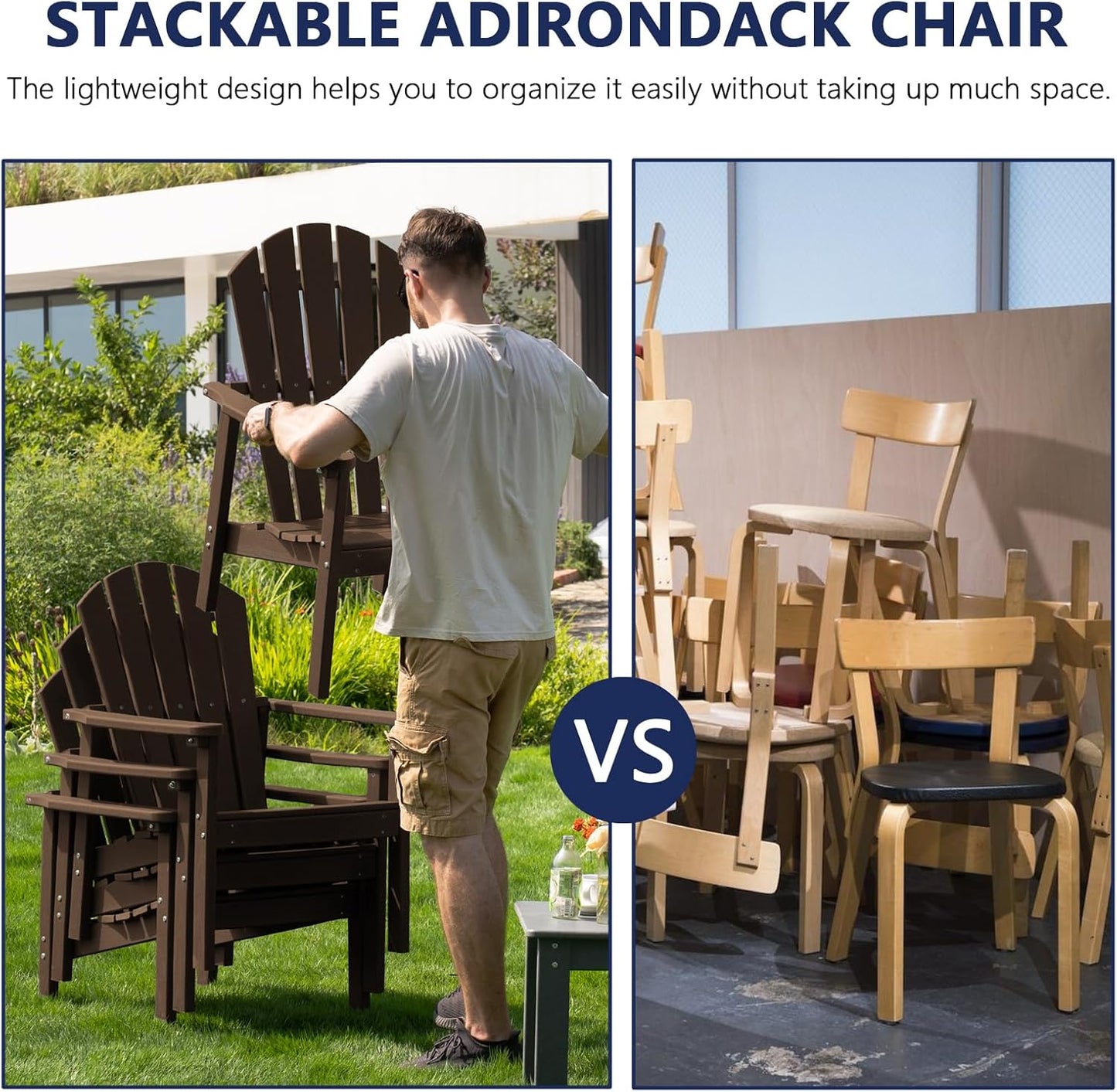 Stackable Adirondack Chair Set of 4, HDPE Outdoor Patio Chair - Durable and Space Saving, Suitable for Porches, Lawns or Garden, Coffee