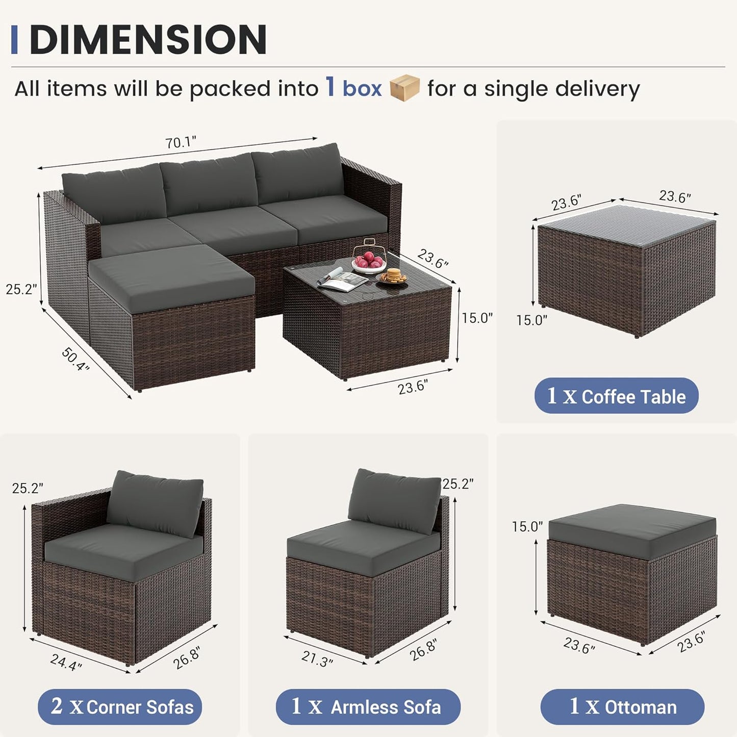 UDPATIO 5 Piece Patio Furniture Set, All-Weather Wicker Outdoor Sectional Sofa,Rattan L Shaped Outdoor Conversation Patio Sectional with Ottoman, Glass Table for Balcony Porch Backyard,Grey