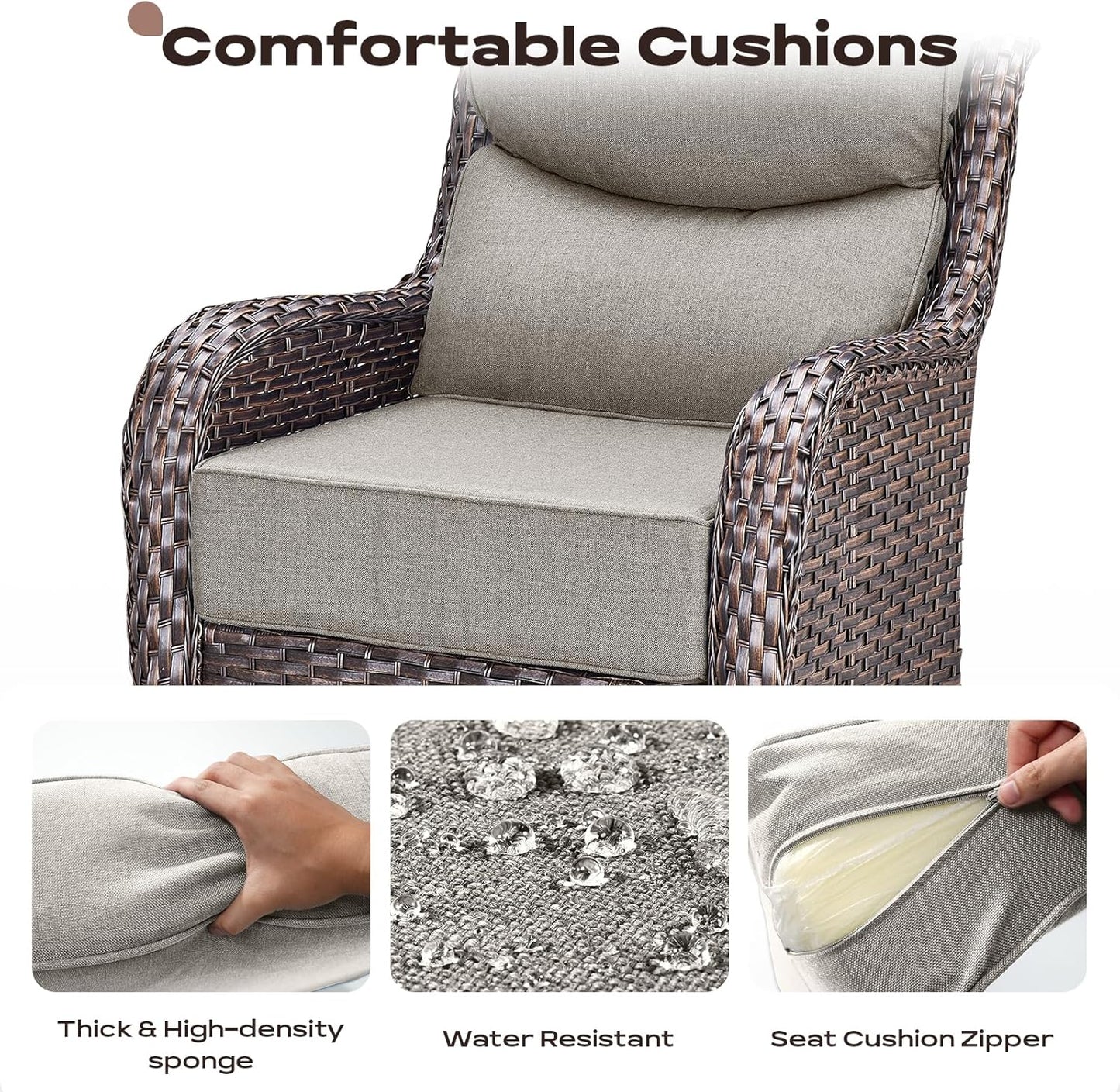 Outdoor Patio Swivel Rocker Chairs Set of 2, Waterproof Wicker, High Back, Deep Seating, Wide Armrest, Upgraded 6 inch Thick Cushions, Side Table, Ideal for Deck Porch Yard, Brown/Beige