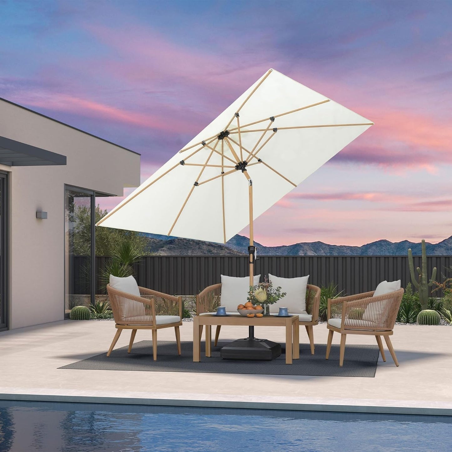 PURPLE LEAF 8' x 8' Square Outdoor Table Umbrella with Base Patio Umbrella Aluminum Market Umbrella with Push Button Tilt & Crank and 8 Ribs Outdoor Umbrella for Pool Backyard Beach, Cream