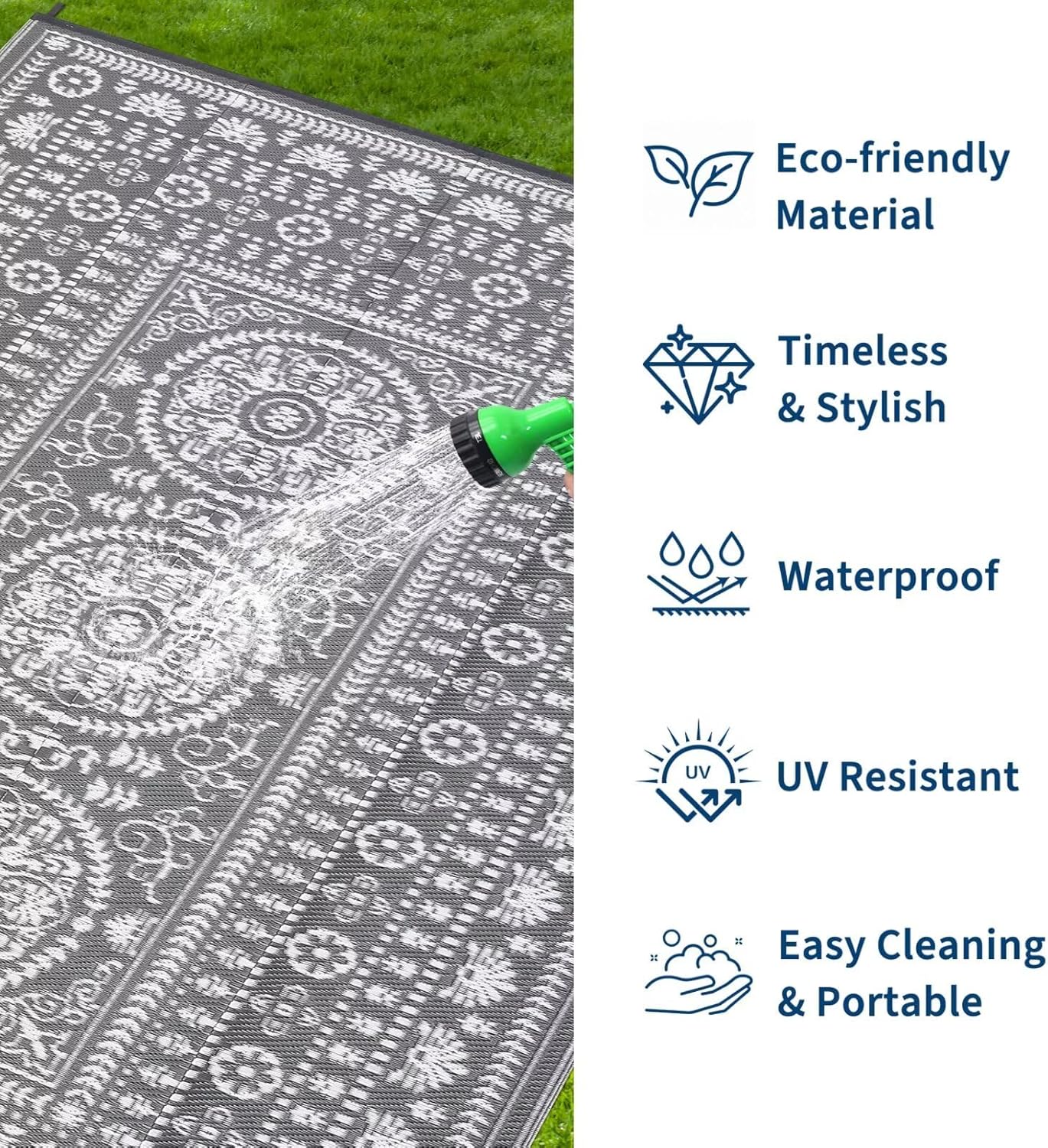 Garvee Reversible Outdoor Rug 5x8 for Patio, Waterproof Outdoor Area Rug, Boho Medallion Indoor Outdoor Carpet for Porch, Plastic Straw Rug for RV, Camping, Deck, Vintage Grey