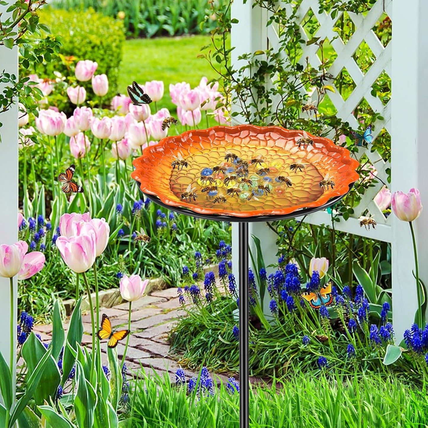 Bee Butterflies Watering Station, Standing Bee Feeder with Glass Marbles for Outside, Bee Bath Feeder with Metal Stakes Butterfly Puddler Garden Yard Déco (Yellow)