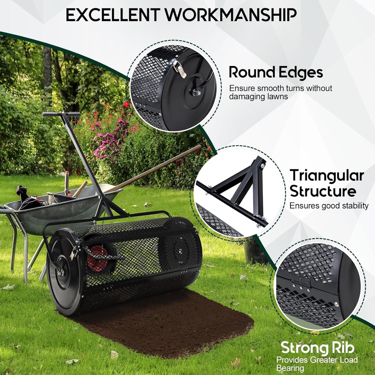 Compost and Peat Moss Spreader with Updated 2 in 1 ATV & T Shaped Handle, 16”WX44”L, Lawn and Garden Peat Moss Roller w/Laser Cutting Wire Mesh Baskets for Spreading Manure, Topsoil