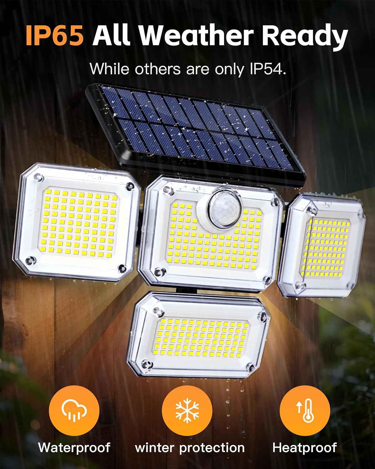 Outdoor Motion Sensor Lamp, 4-Head Solar Power Light, 333 LED Solar Light, Wireless Flood Lights Outdoor，3000 Lumens, 6500K, Motion Sensor, IP65 Waterproof, 270° Lighting Range for Street （2Pack）