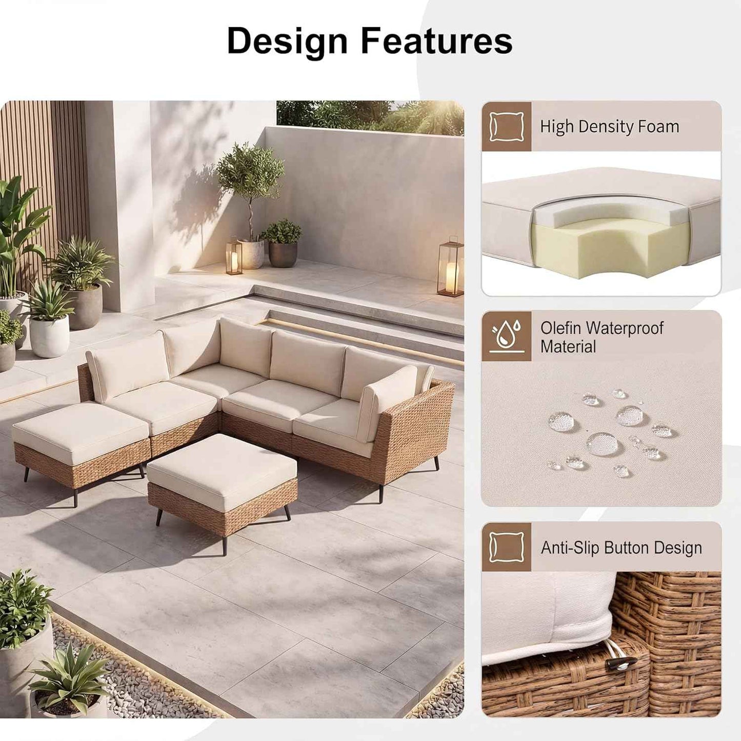 EO Living 6-Piece Patio Furniture Set, Outdoor Sectional Sofa PE Rattan Outdoor Patio Furniture with Thick Cushions, All Weather Patio Conversation Sets for Garden, Poolside, Backyard(Beige)