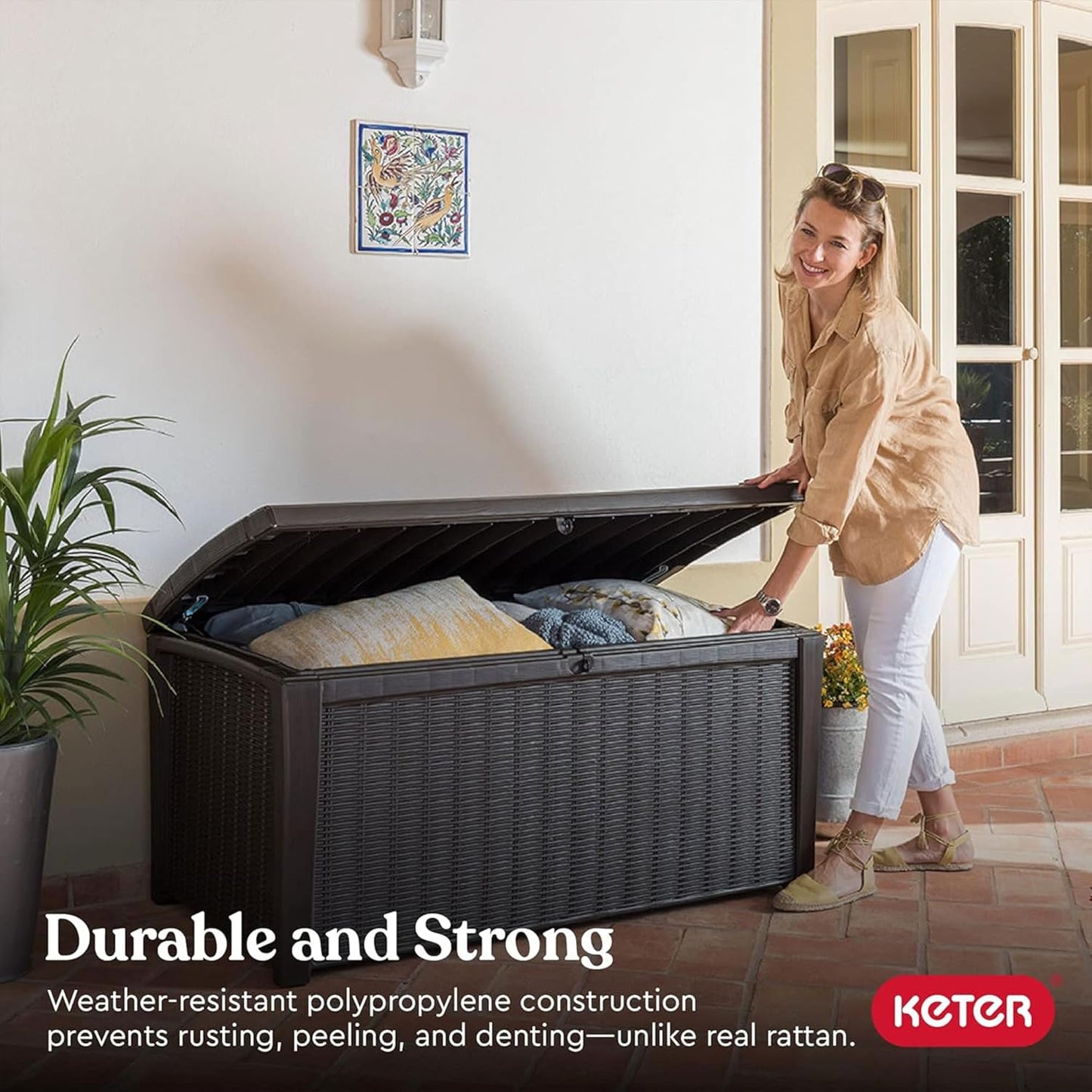 Keter Outdoor Storage Deck Box for Patio, Backyard & Garden, Borneo, 110 Gal, Grey - Lockable, Organizing, and Waterproof Plastic Container Bench