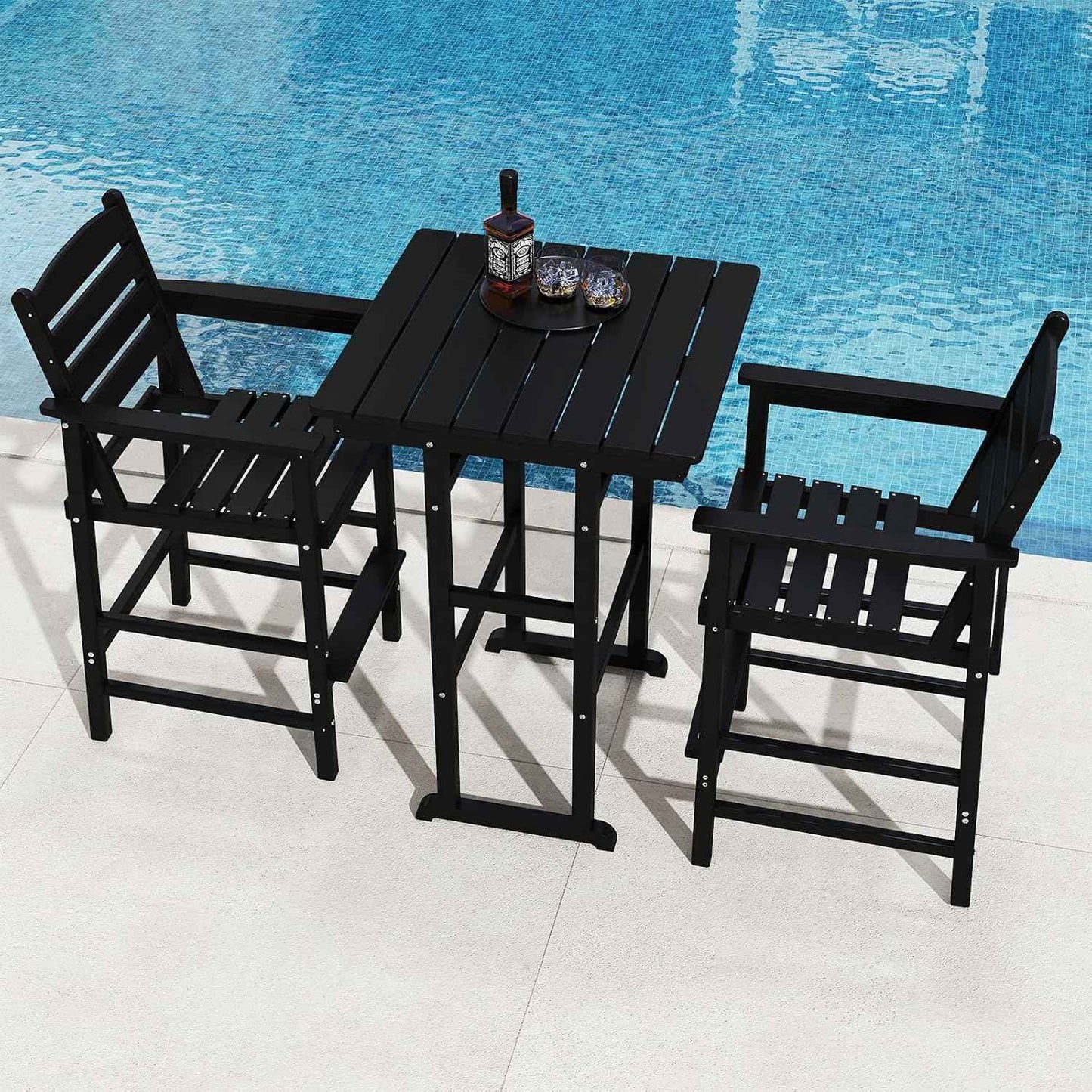 NAVINE 3-Piece Adirondack Bar Table and Chair Set, HDPE All-Weather Bar Height Chairs Set of 2 with Bar Table, Outdoor Patio Bar Set for Bistro, Balcony, Patio, Poolside, Black