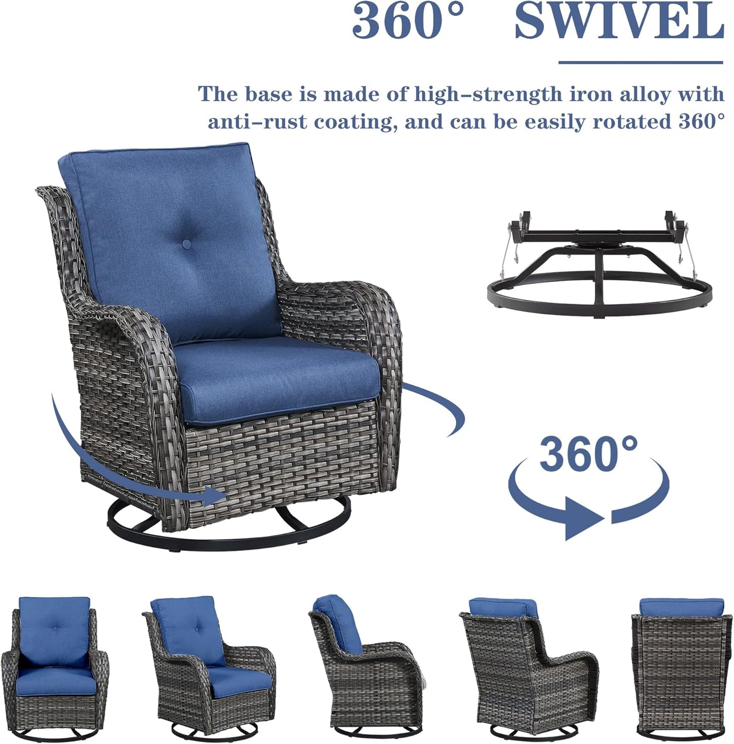 Outdoor Swivel Rcoker Patio Chairs - Outdoor Swivel Patio Chairs Set of 2 Wicker Chair Patio Furniture Sets with Covered Cushion for Porch Deck Balcony Garden, Blue
